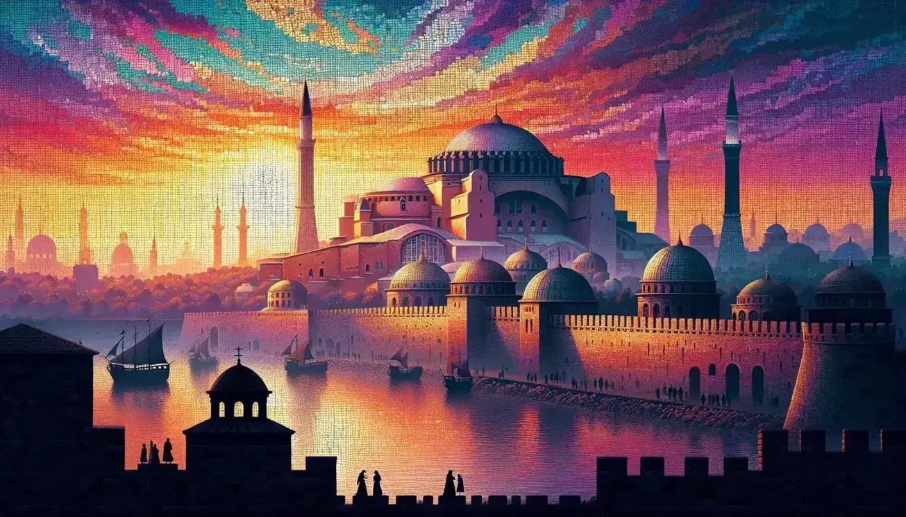 Tramonto su Costantinopoli con silhouette della Hagia Sophia, mura merlate e mare con navi, sotto un cielo sfumato giallo-arancio e blu notte.
