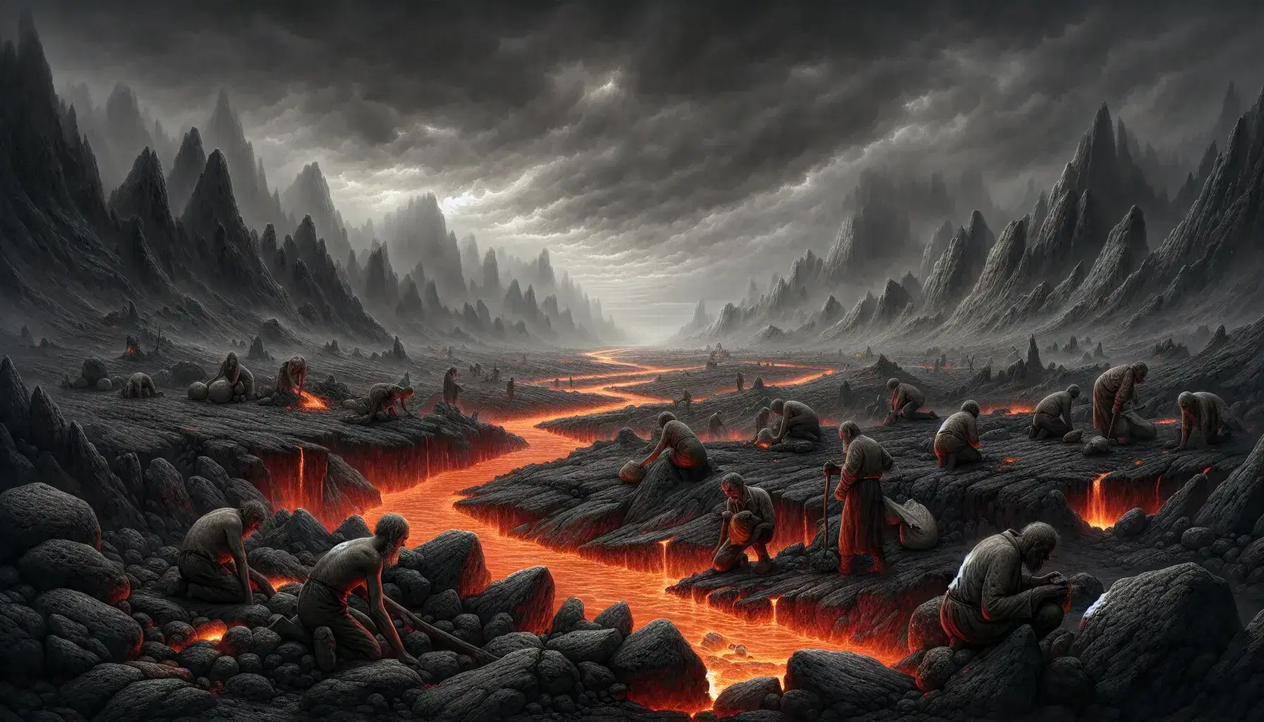 Paesaggio desolato con fiume di lava incandescente, figure umane stanche lavorano tra rocce nere sotto un cielo grigio e nuvoloso.