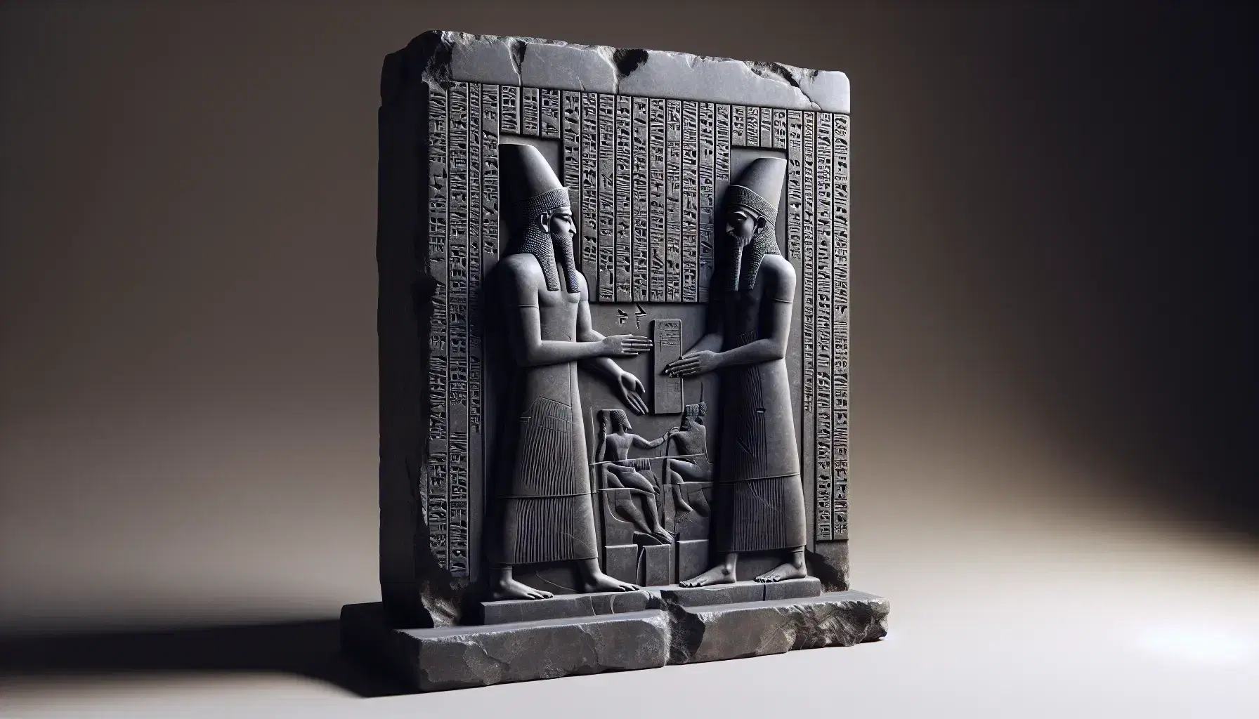 Stele del Codice di Hammurabi con rilievo di Hammurabi davanti a divinità seduta e colonne di testo cuneiforme su sfondo neutro.