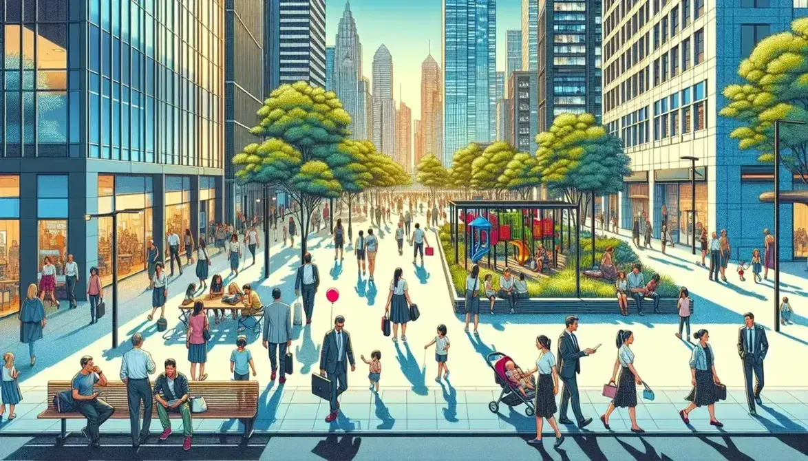 Escena urbana con personas diversas caminando por acera, parque con bancos y árboles, niños en juegos y edificios variados en día soleado.