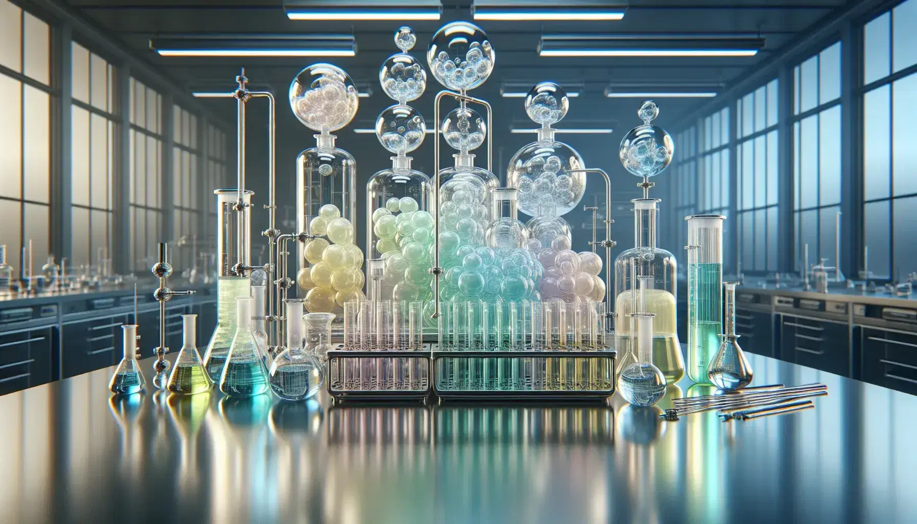 Laboratorio scientifico moderno con tavolo in acciaio, provette e becher con gas colorati, cilindri graduati e rubinetti metallici, scaffali sfocati sullo sfondo.