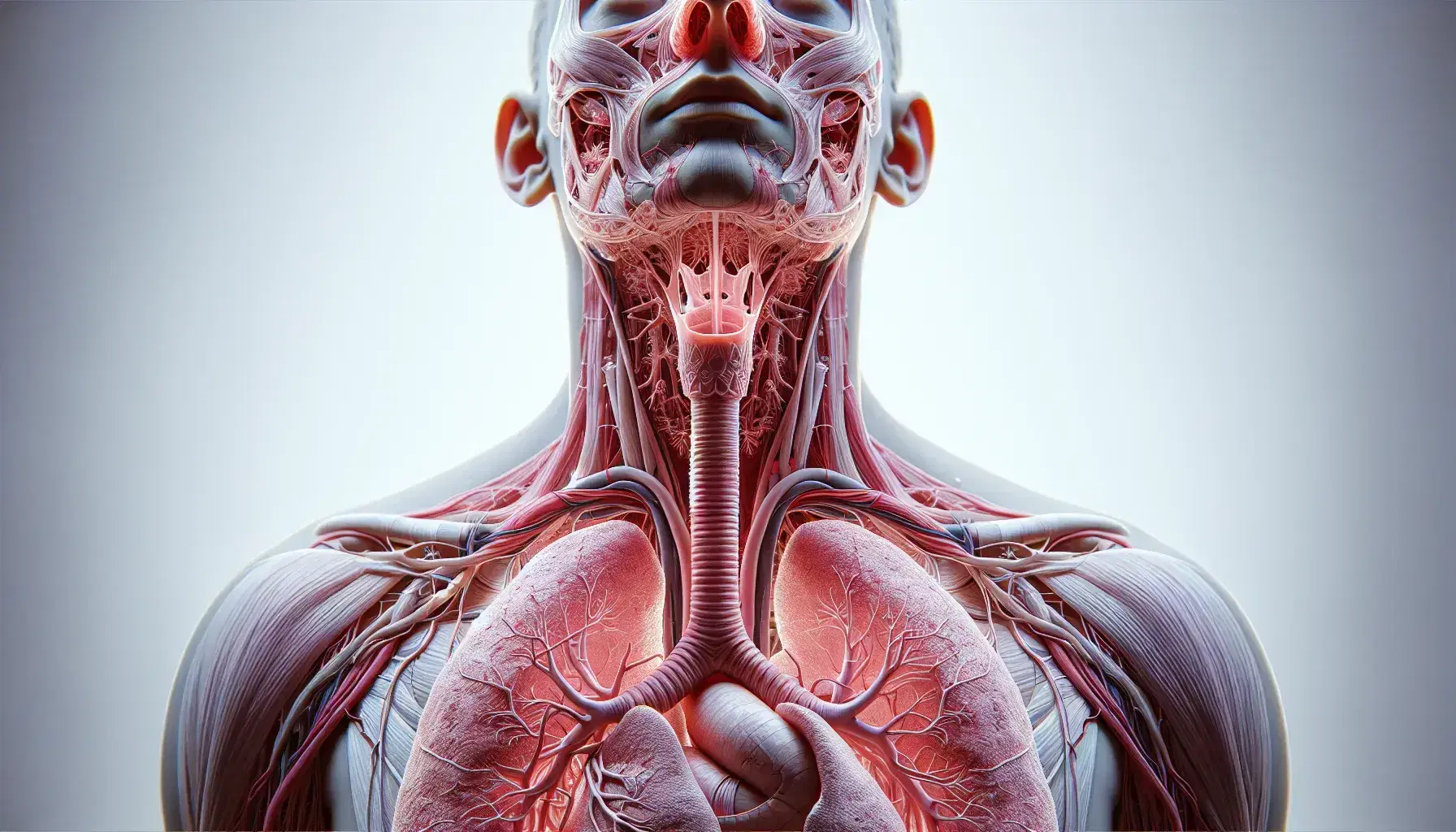 Vista anatómica detallada del sistema respiratorio humano con órganos internos visibles, incluyendo cavidad nasal, tráquea, bronquios y pulmones.