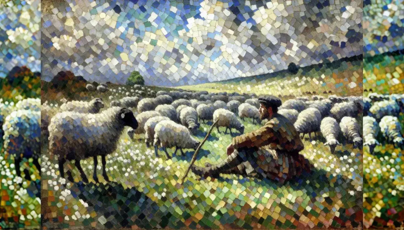 Pastorale divisionista con pastore seduto e gregge di pecore in toni di grigio e bianco, cielo sfumato e terreno mosaico di verde e marrone.
