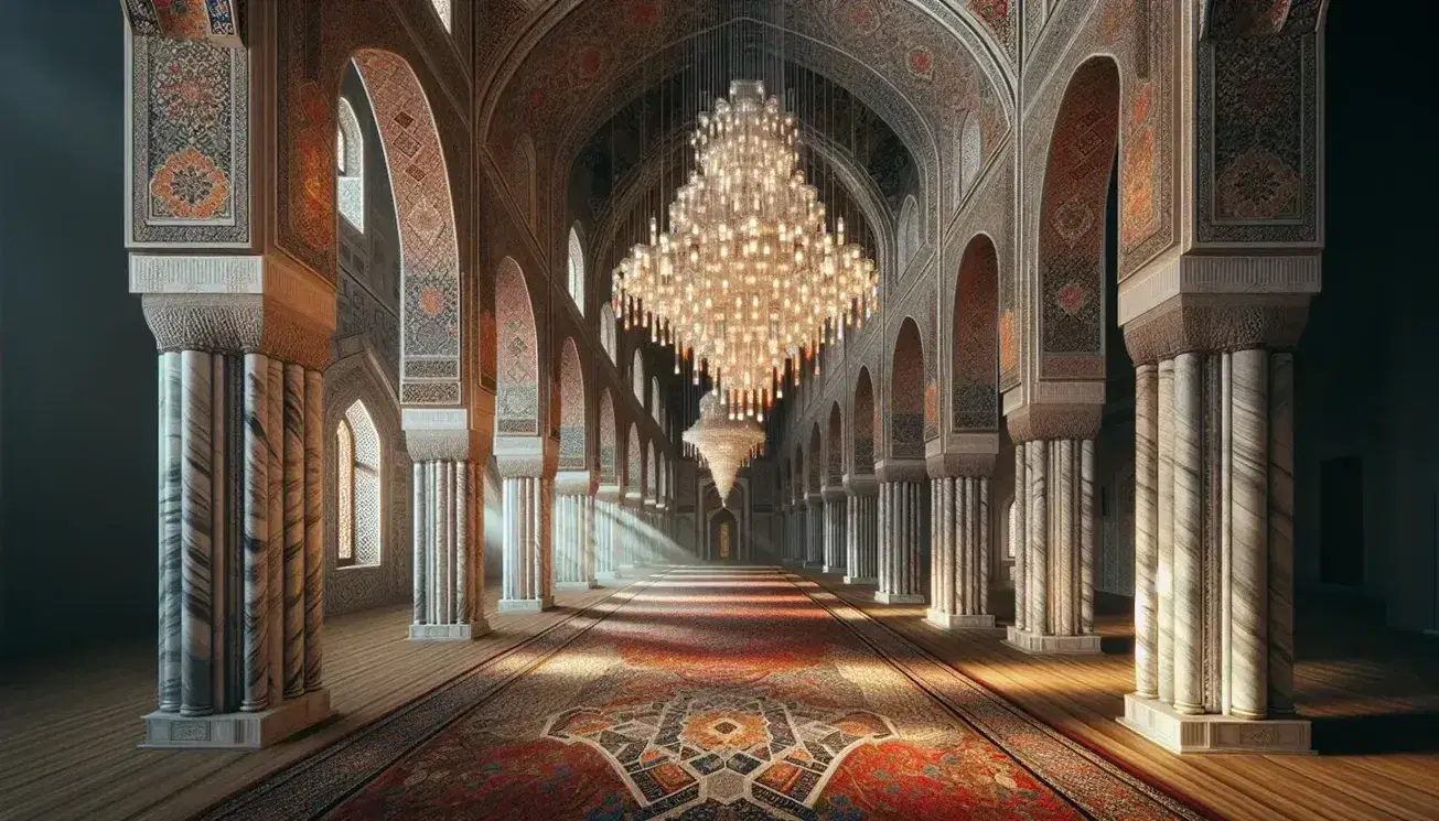 Interno di una moschea con archi, tappeto geometrico e lampadario di vetro, illuminato da luce naturale, senza persone.