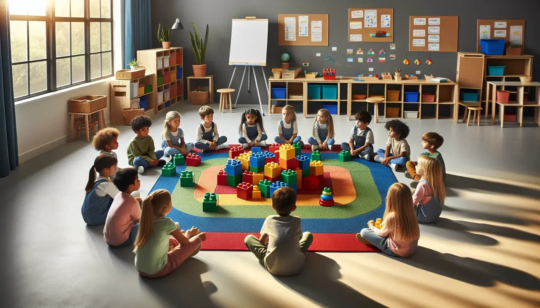 Niños de diversas etnias sentados en semicírculo en aula escolar, jugando con bloques de construcción de colores en alfombra vibrante.