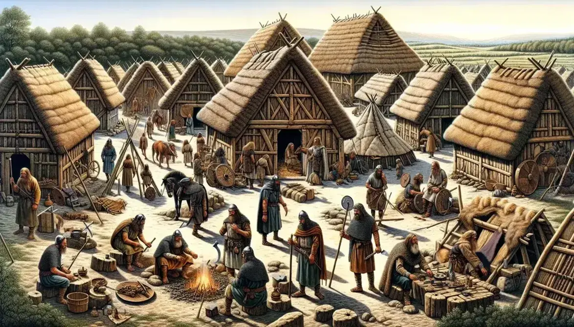Villaggio germanico in epoca migratoria con capanne in legno, artigiani al lavoro, donne che cucinano e tessono, e guerrieri pronti a partire.