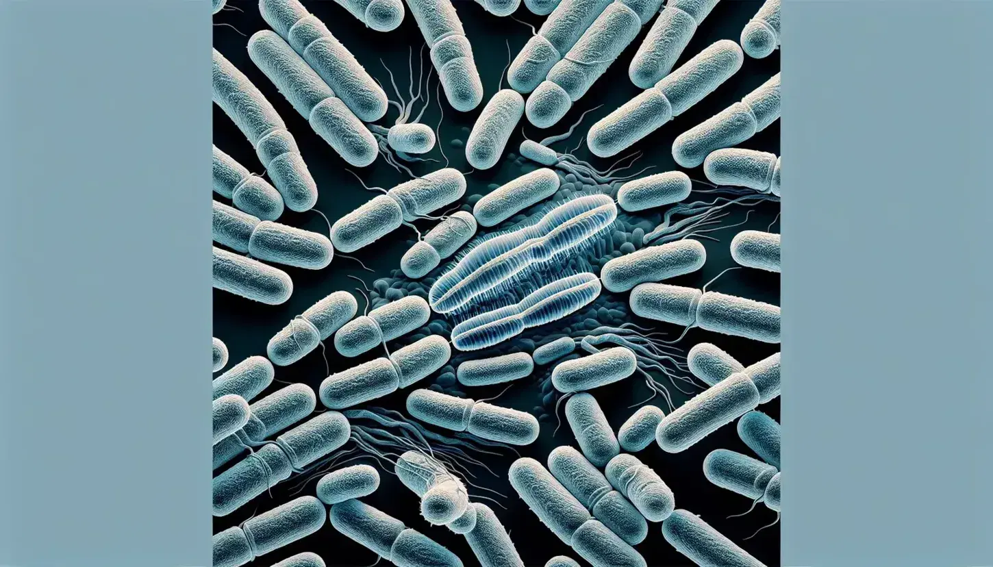 Células bacterianas en tonos azules durante la división bajo microscopio, con una destacando en avanzada separación.
