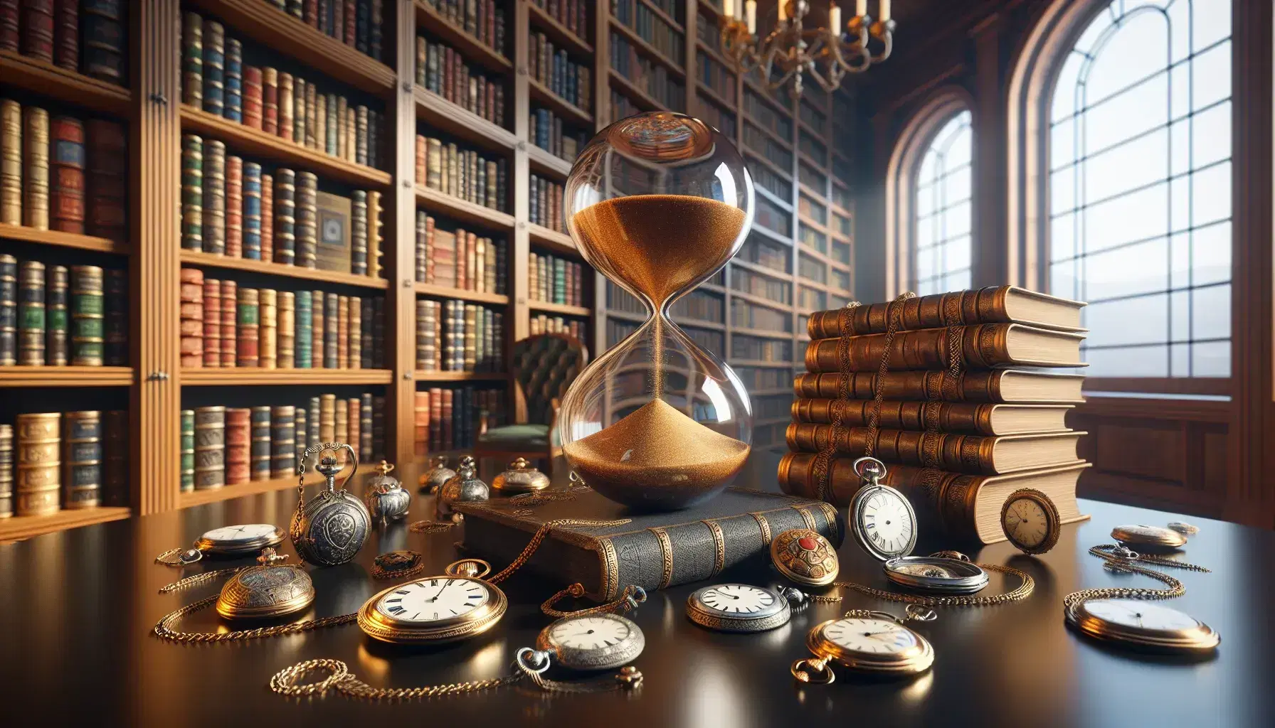 Biblioteca antica con clessidra trasparente su tavolo in legno, orologi d'epoca, libreria con libri rilegati e mappamondo senza scritte.