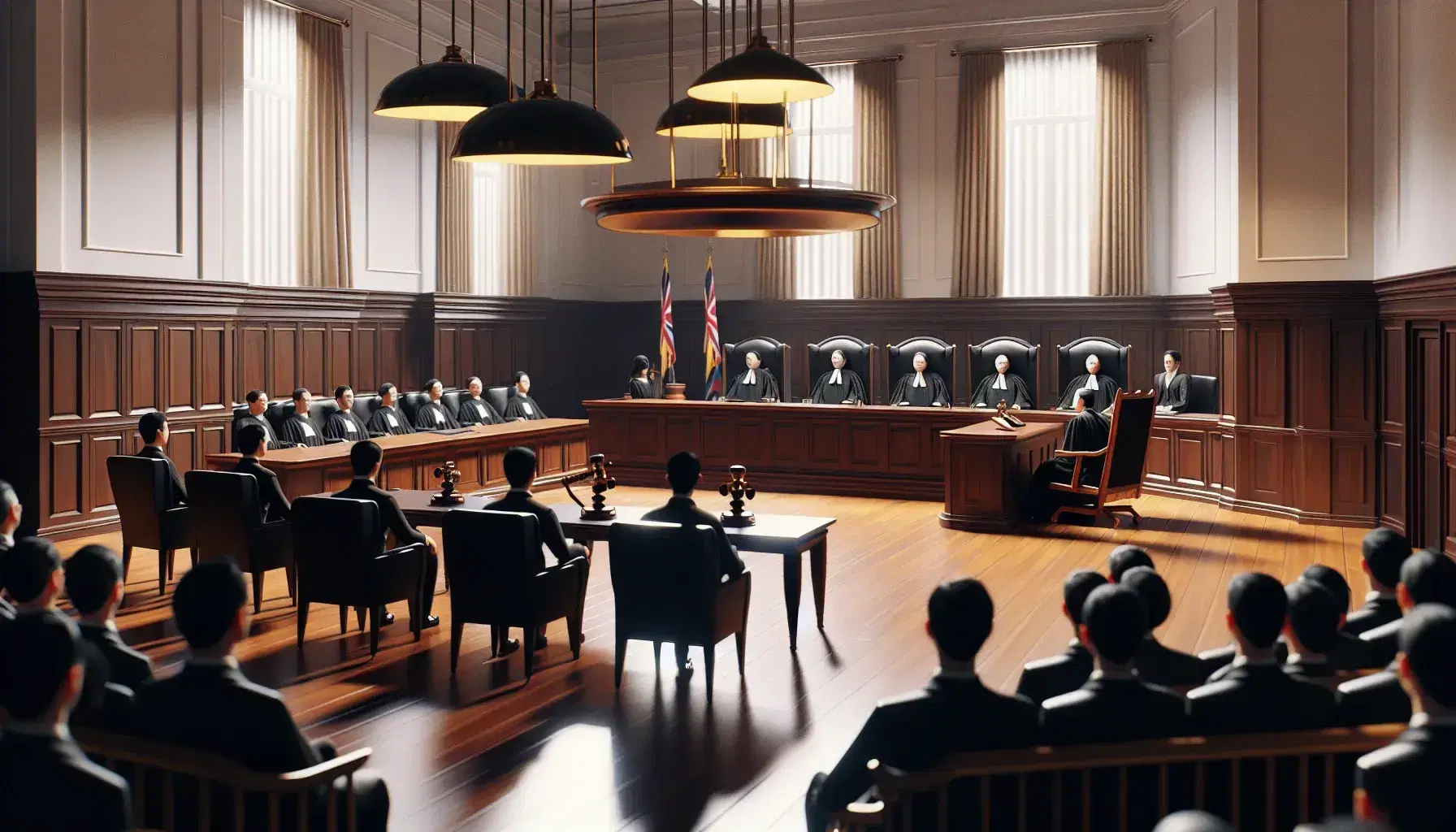 Sala de tribunal con mesa central de madera oscura, personas en togas y trajes, juez en estrado con mazo y bandera al costado, iluminación de lámparas y ventana con cortinas.