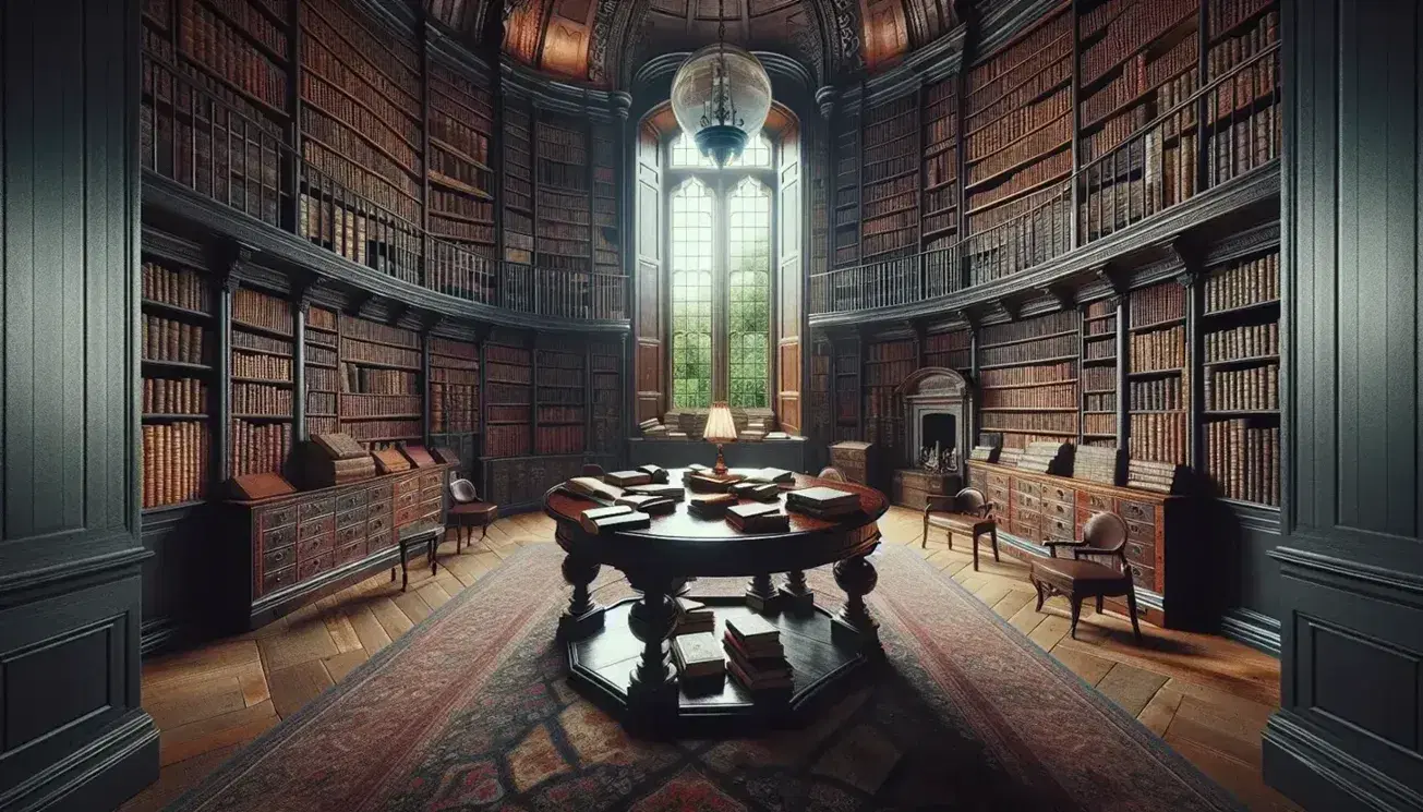 Biblioteca antica con scaffali in legno scuro pieni di libri rilegati, tavolo ovale al centro, finestra con vista giardino e scala a chiocciola.