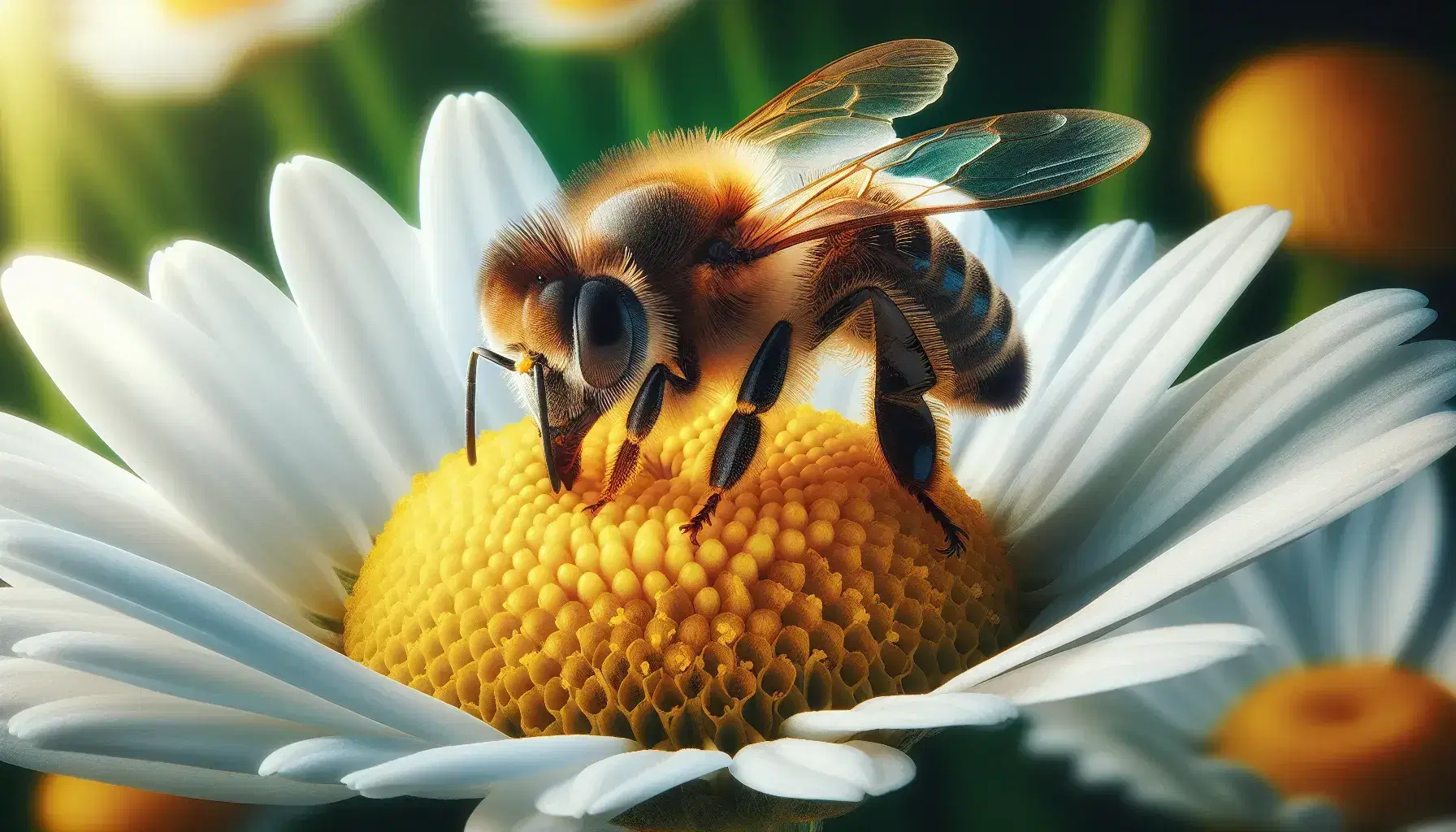 Honey bee on yellow daisy center, with iridescent wings and pollinated legs, vivid contrast with white petals and green background.