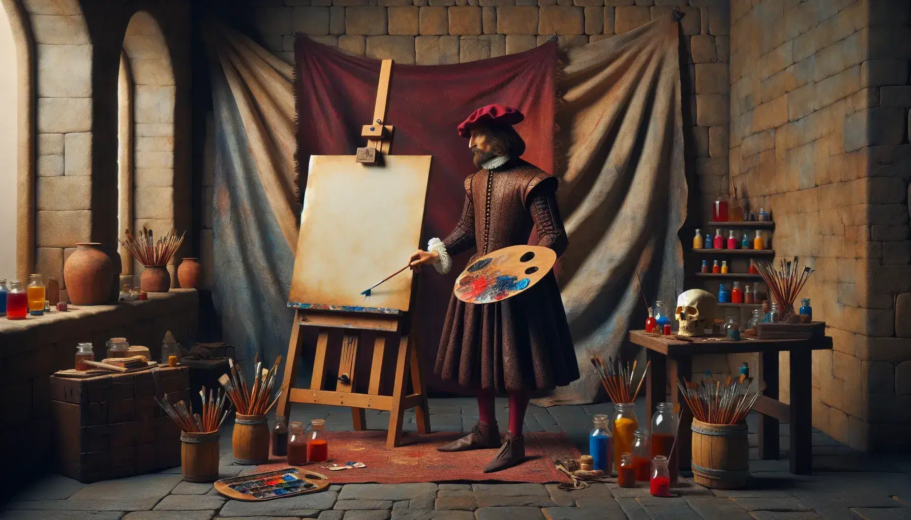 Artista renacentista en su taller con paleta y pincel frente a lienzo en blanco, mesa con frascos de pintura y calavera, y escultura de mármol bajo luz natural.