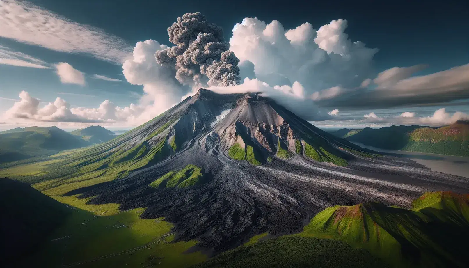 Vulcano attivo con cima tronca e fumo grigio, pendii verdi e campo di lava nera in primo piano sotto un cielo parzialmente nuvoloso.