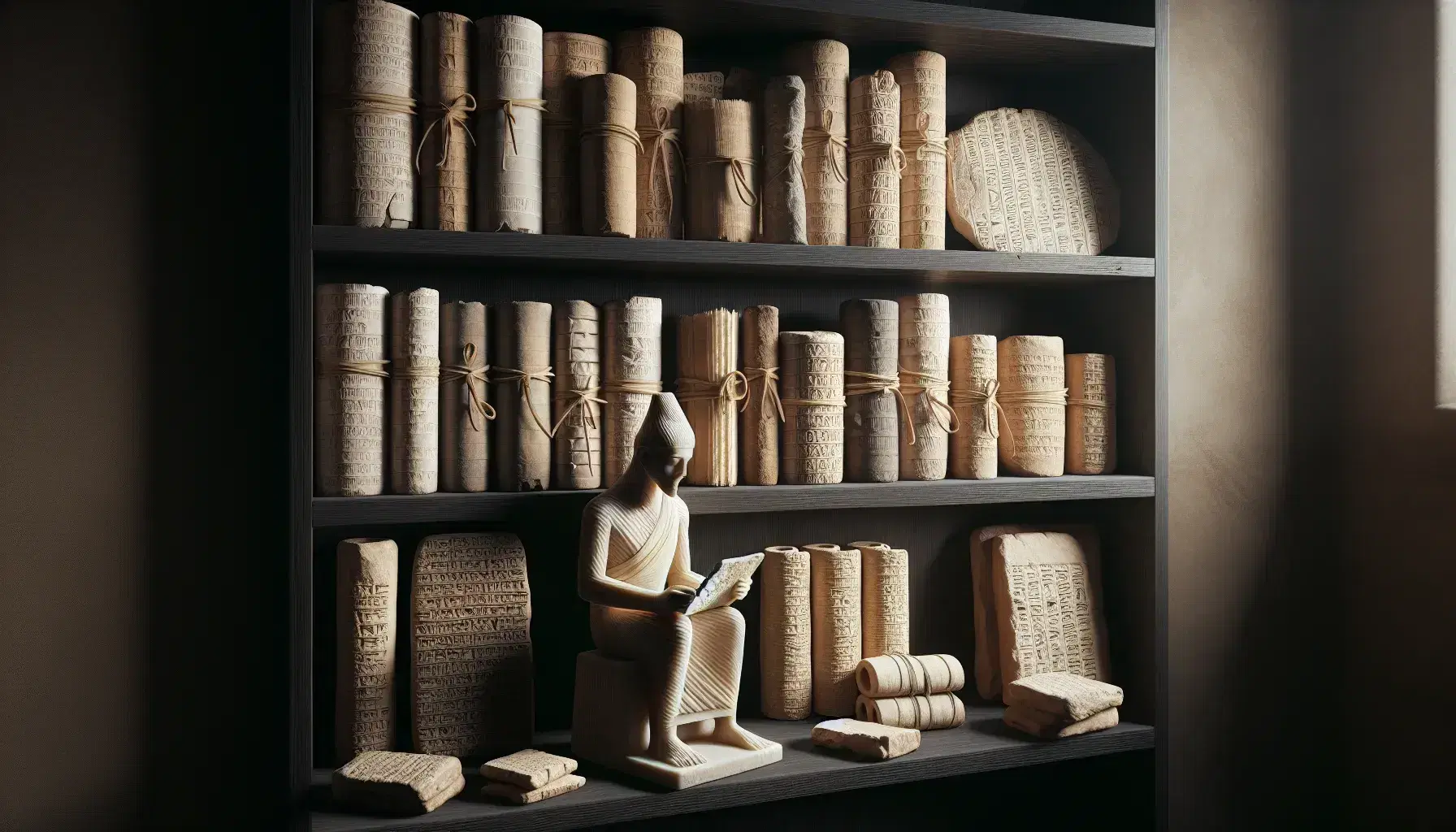 Estante de madera oscuro con rollos de papiro atados y tabletas de arcilla con marcas cuneiformes, junto a una figura de piedra de un escriba sentado.