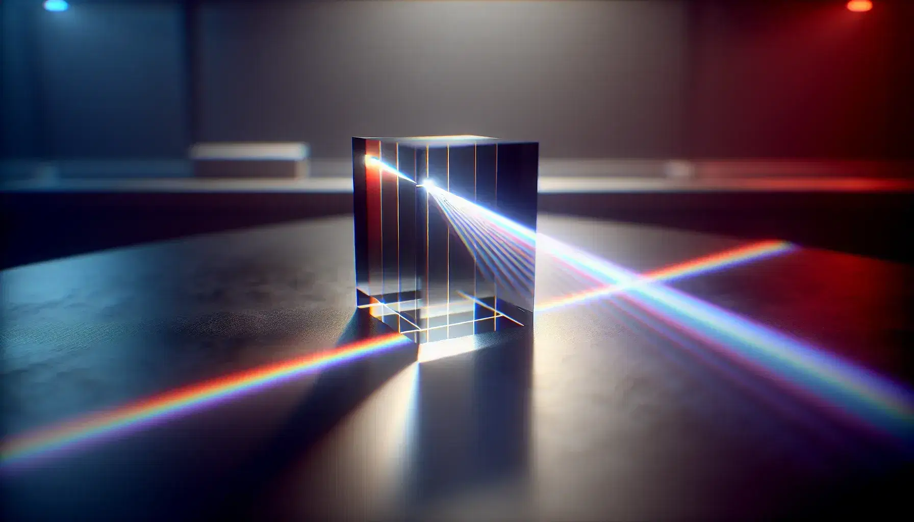 Glass prism on a laboratory table dispersing a beam of white light into a spectrum of colors from red to violet, indicating refraction.