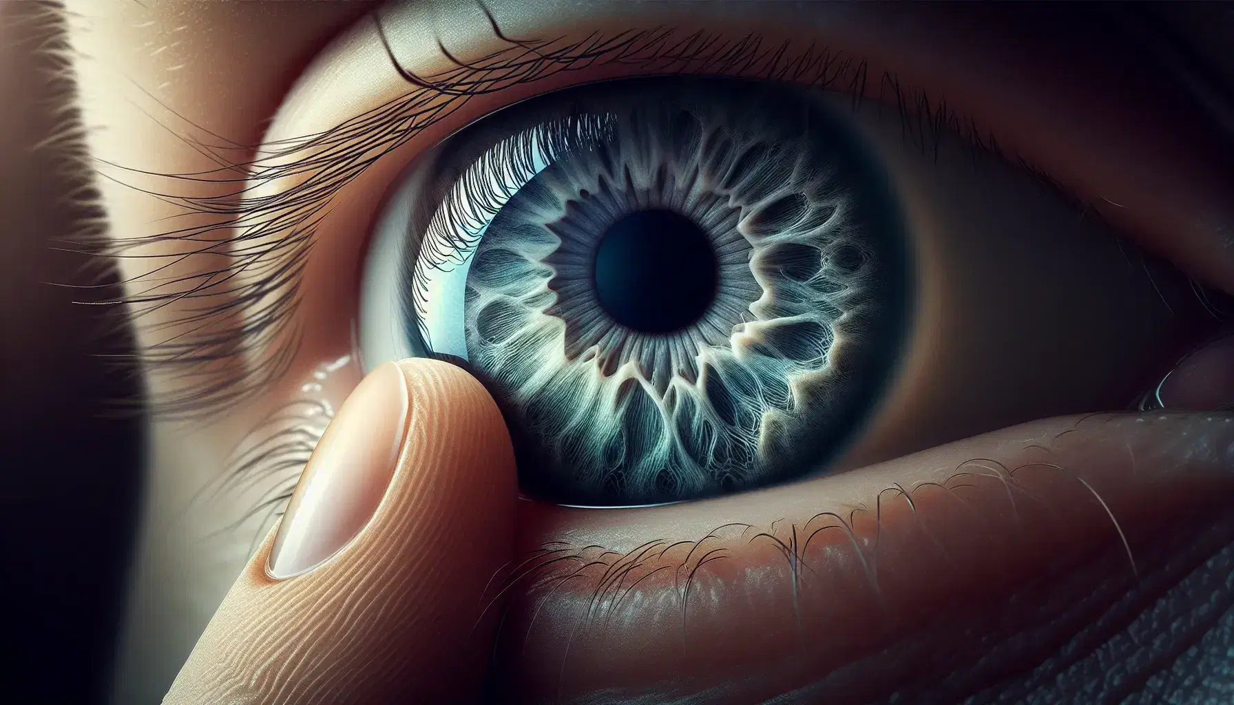 Close-up of a human eye with blue iris and dilated pupil, gentle hand points without touching, blue-green blurred background.