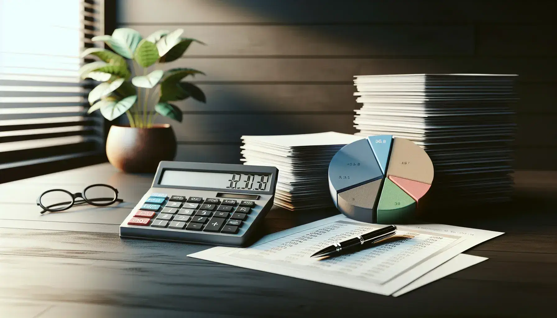 Escritorio de oficina con calculadora gris, papeles apilados, gráfico de pastel tridimensional y bolígrafo negro, con planta de interior al fondo.