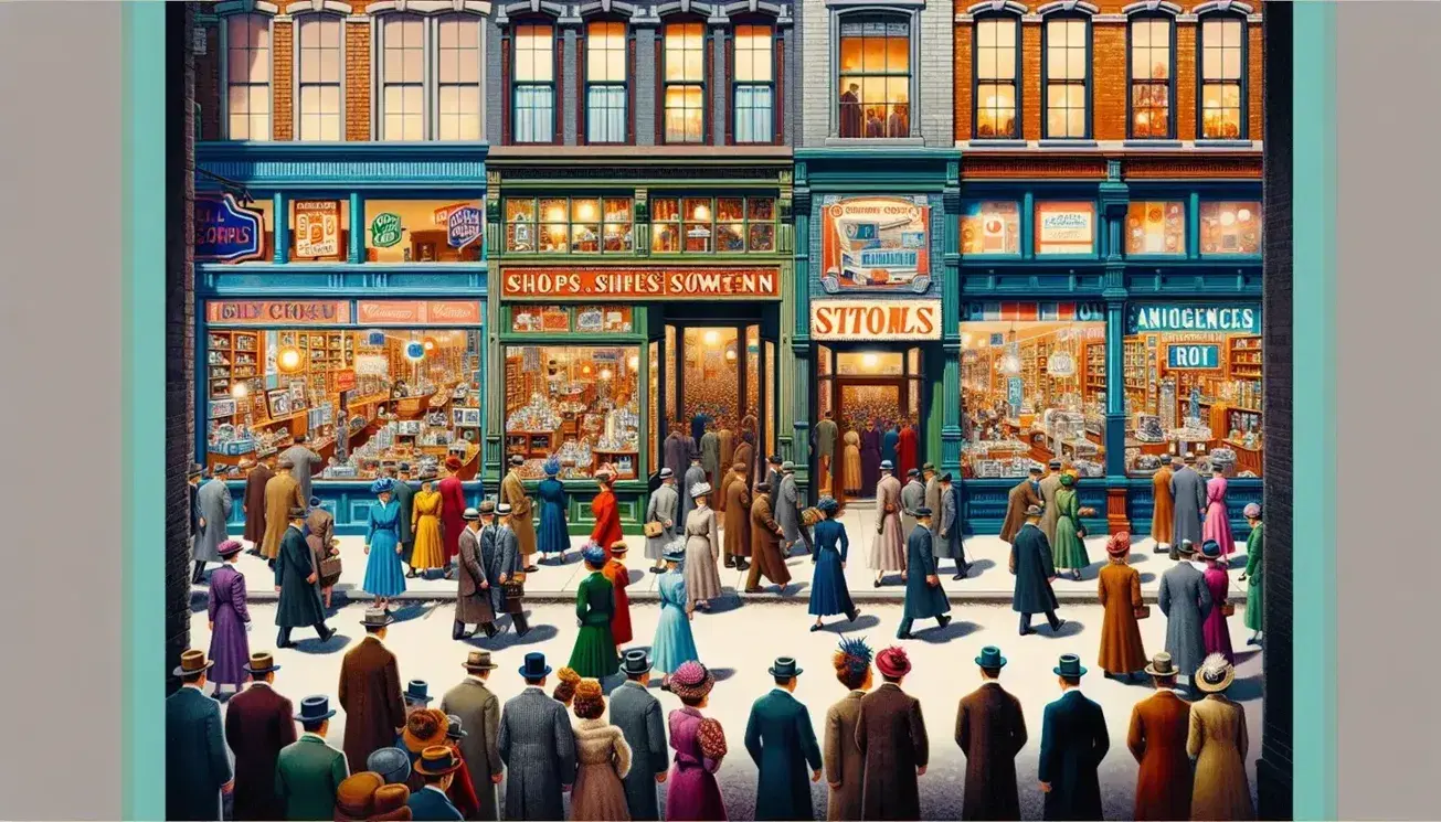 Escena colorida de calle comercial de mediados del siglo XX con gente en atuendos de época, tiendas con escaparates variados y un coche vintage estacionado.