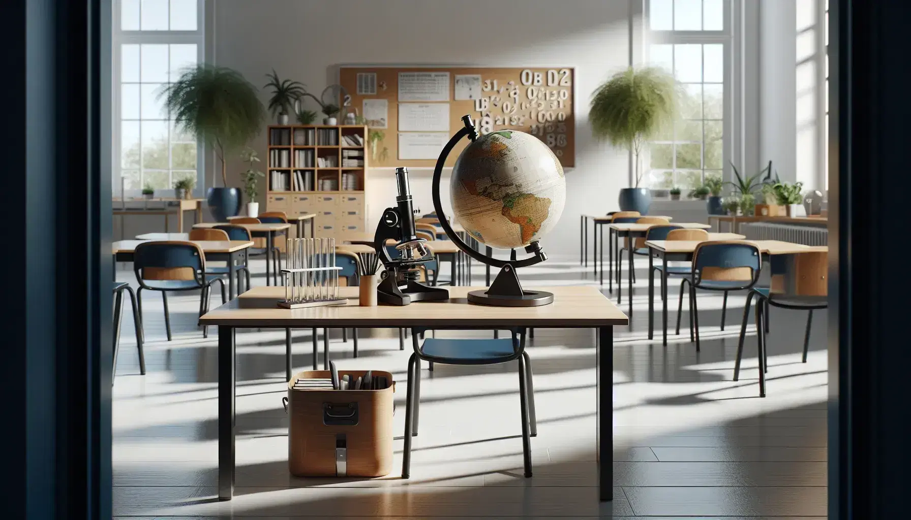 Aula scolastica luminosa con tavolo contenente microscopio, occhiali di sicurezza, globo e piante, banchi e sedie blu in fila, pareti bianche e grandi finestre.