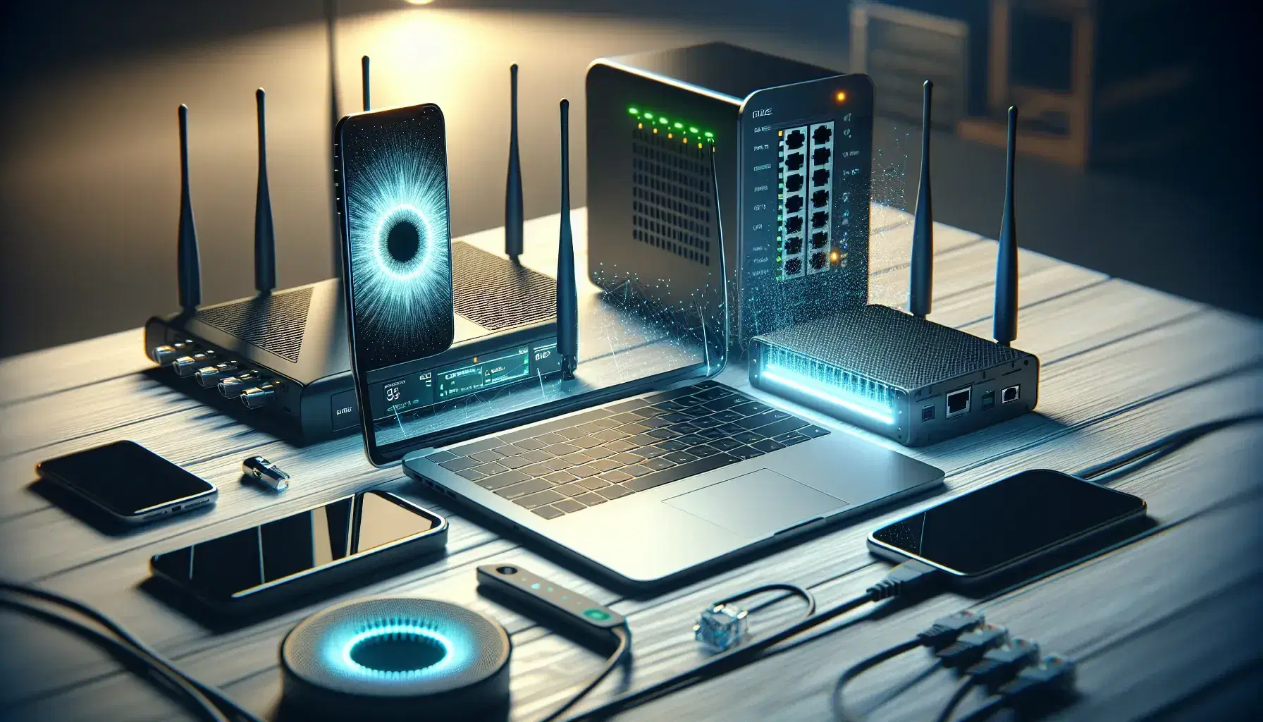 Laptop aperto con schermo acceso, smartphone verticale spento, router con LED attivi e cavo Ethernet blu su superficie in legno chiaro.