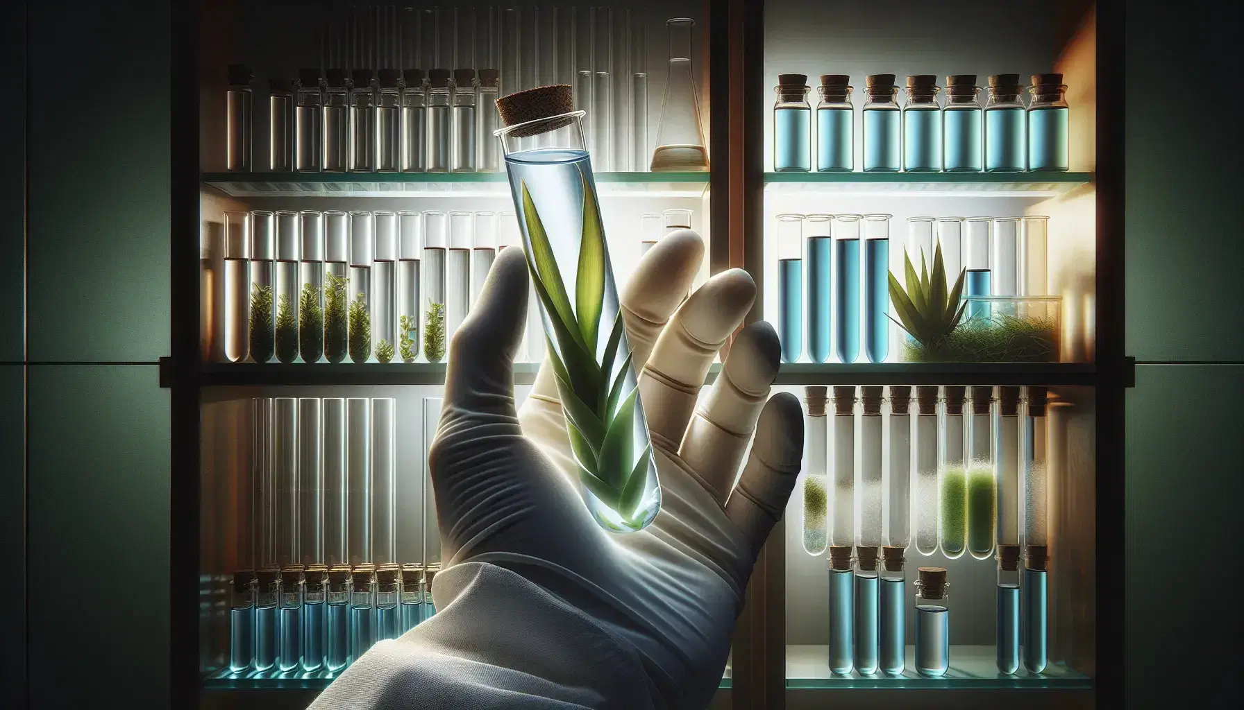Mano con guante blanco sostiene probeta con líquido azul claro en laboratorio, con estantes desenfocados y planta verde al fondo.