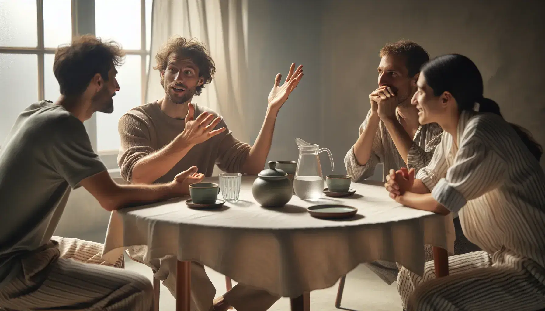 Cuatro personas conversan animadamente alrededor de una mesa redonda con tazas de café y jarra de agua, en un ambiente iluminado y casual.