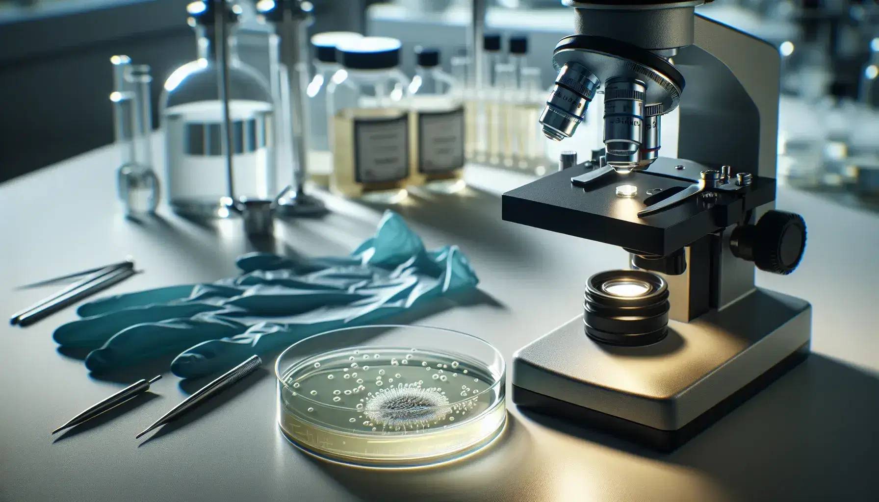 Microscopio de laboratorio plateado y negro enfocado en el ocular y objetivos, con placa de Petri y colonias bacterianas, guantes de látex y mascarilla quirúrgica en superficie blanca.