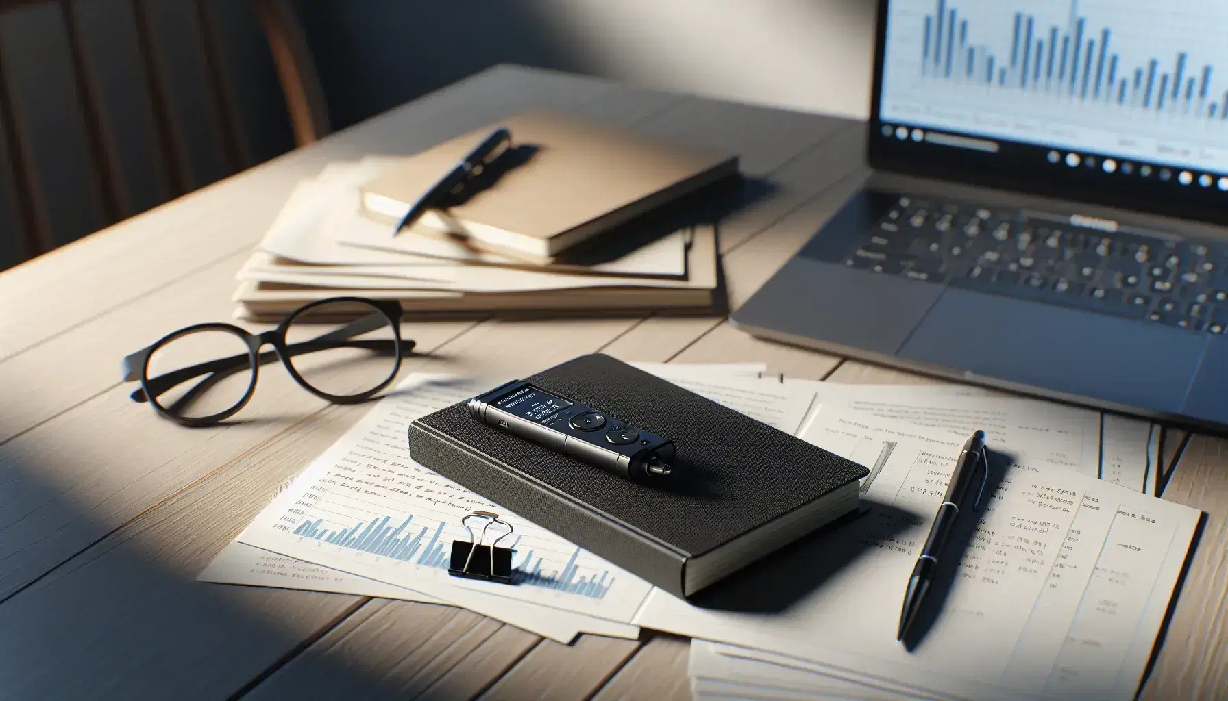 Mesa de madera clara con grabadora de voz digital, cuaderno abierto con bolígrafo, gafas metálicas y papeles, fondo con portátil mostrando gráficos.