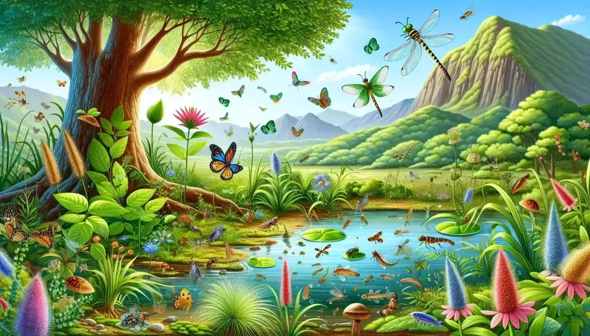 Ecosistema terrestre con plantas verdes, mariposa en flor, abeja voladora, peces en estanque, libélulas y aves en árbol bajo cielo azul.