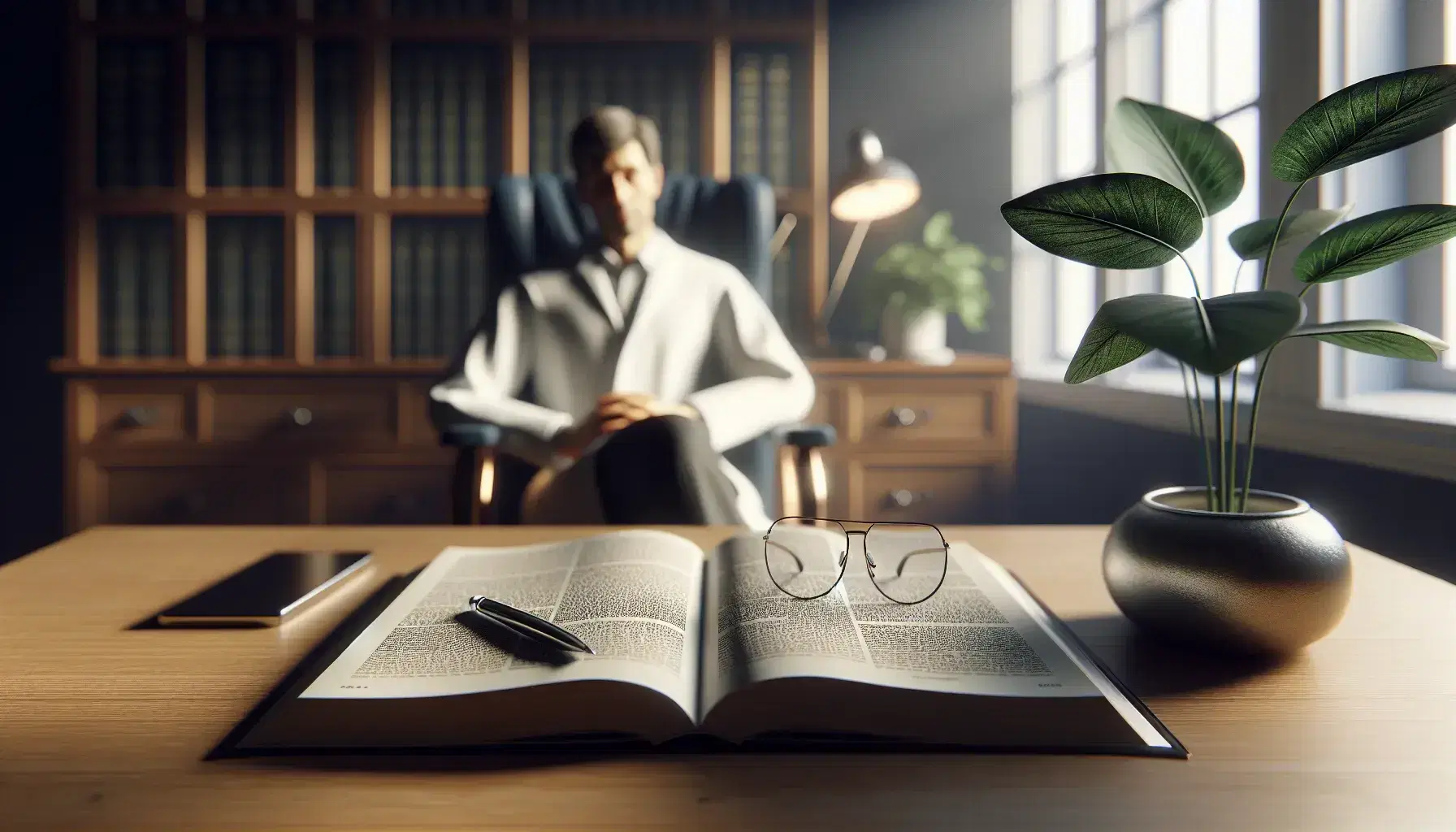 Clinical environment with wooden desk, open book, glasses and man in white coat blurred in background, green plant and bookcase.