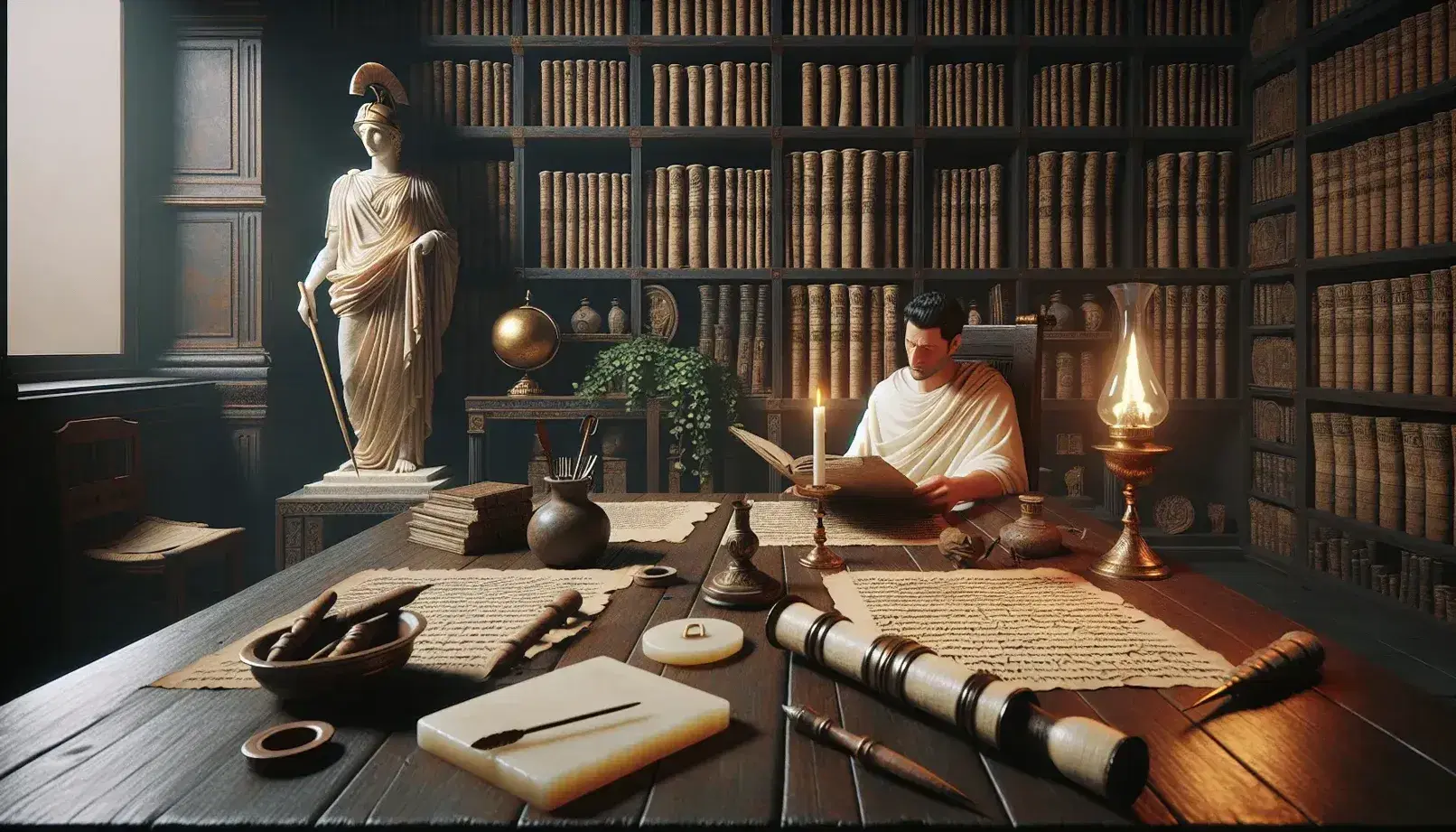 Biblioteca romana antica con tavolo in legno, lampada a olio, tavolette cerate, rotoli di papiro, statuetta di Minerva e uomo in toga che legge.
