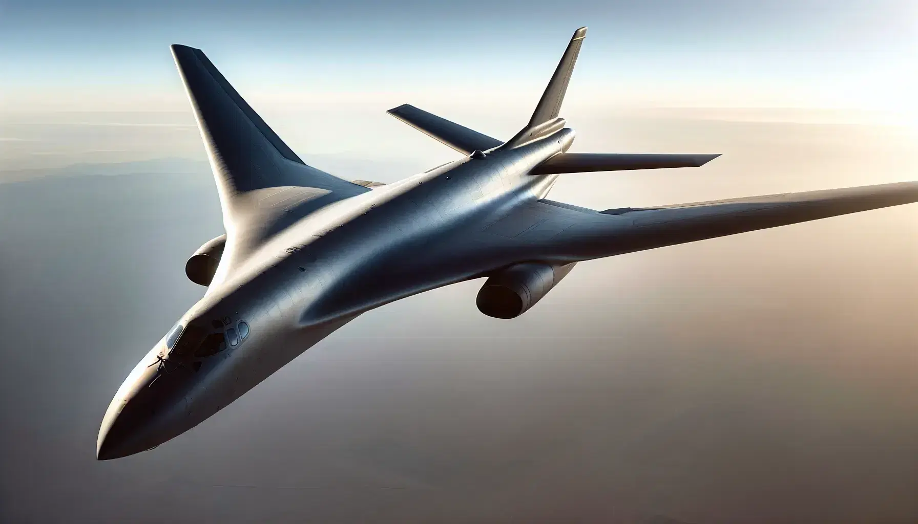 Strategic bomber in flight with swept wings and engine nacelles against a clear blue sky, showcasing high-speed flight and aerodynamic design.