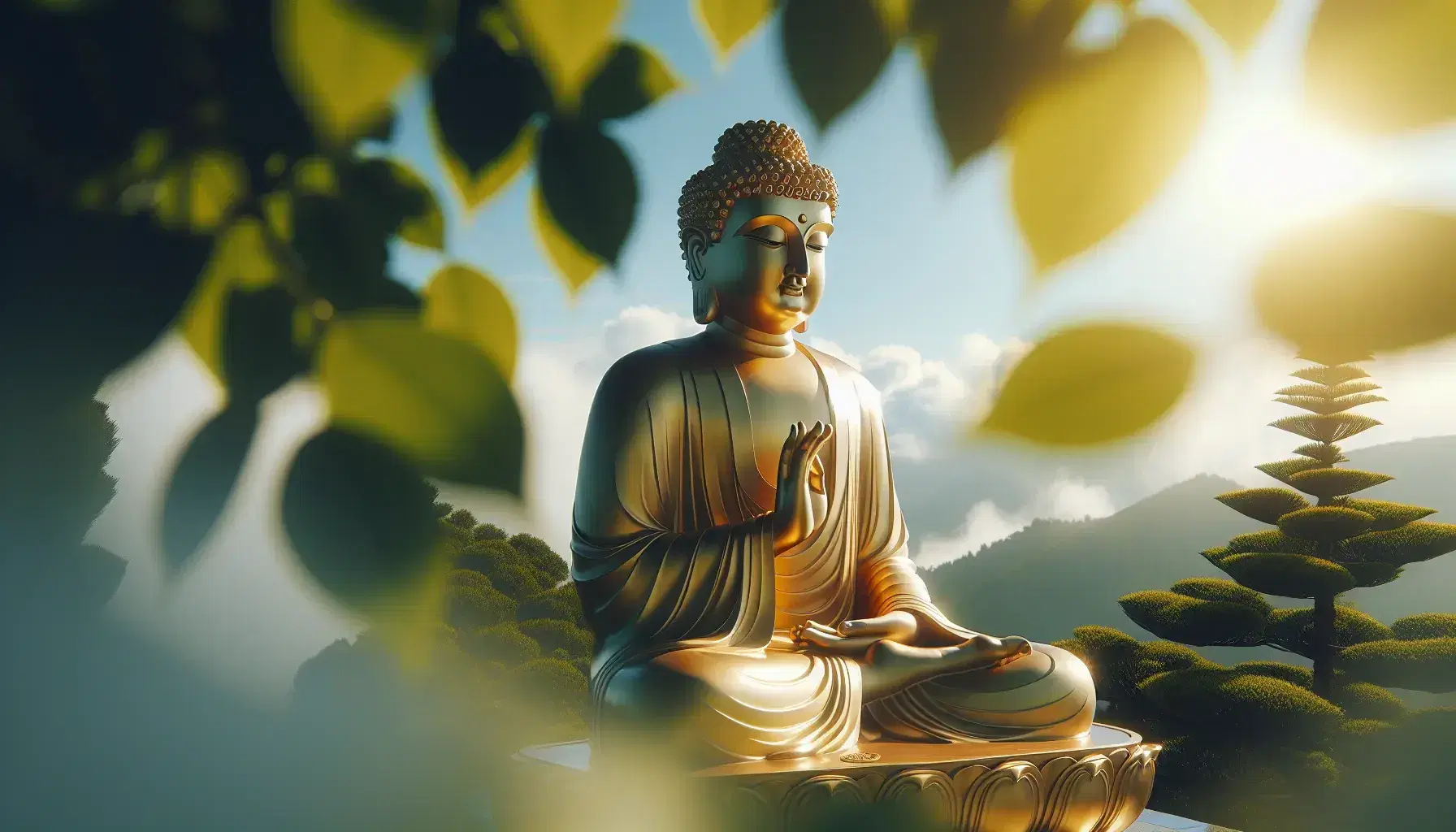 Statua dorata del Buddha in posizione di meditazione, circondata da foglie verdi e cielo azzurro, con giochi di luce e ombre.