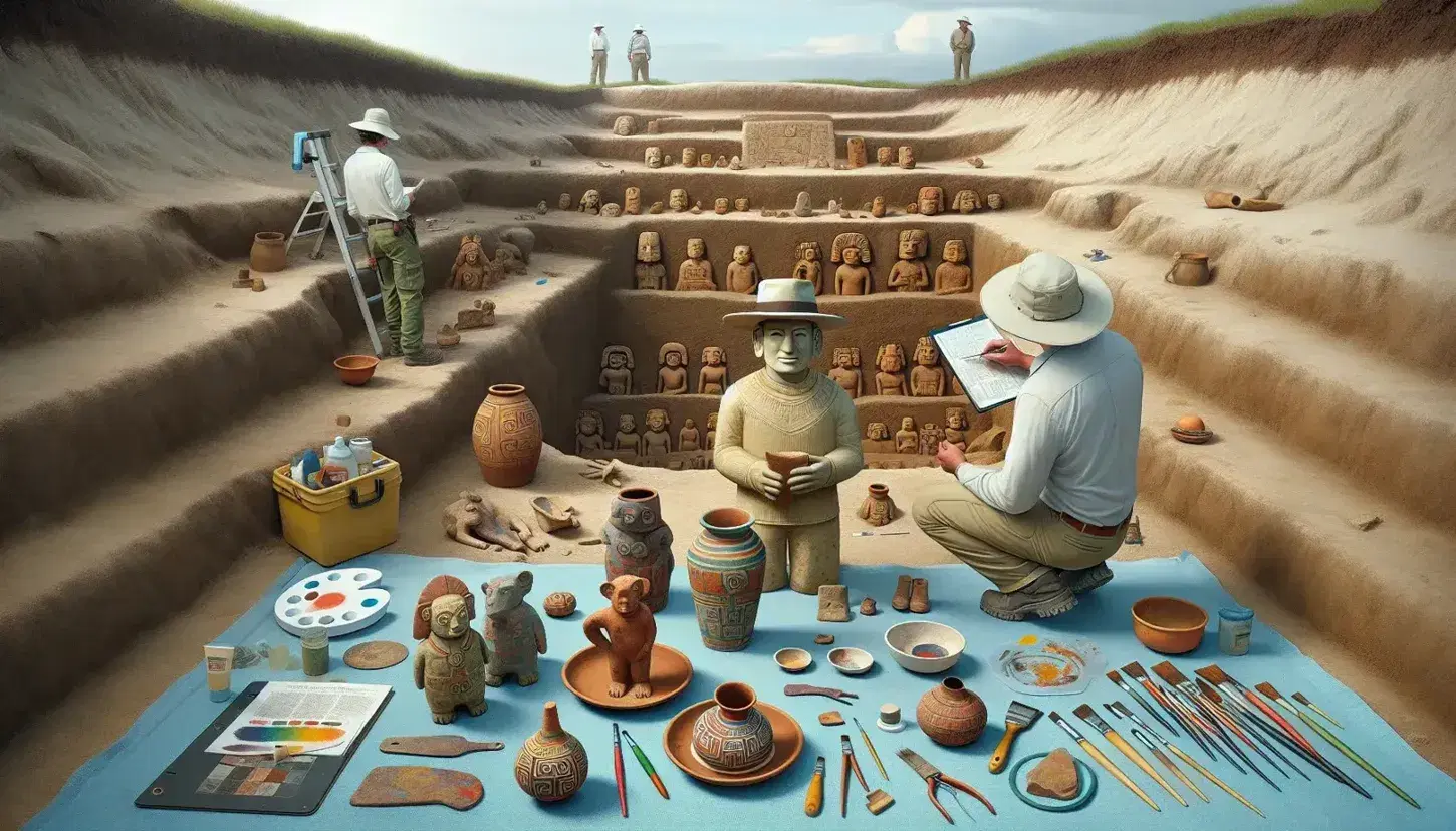 Excavación arqueológica de la cultura Moche con tumba abierta, cerámicas policromadas y figura humana restaurando artefactos, bajo un cielo azul con pirámides al fondo.