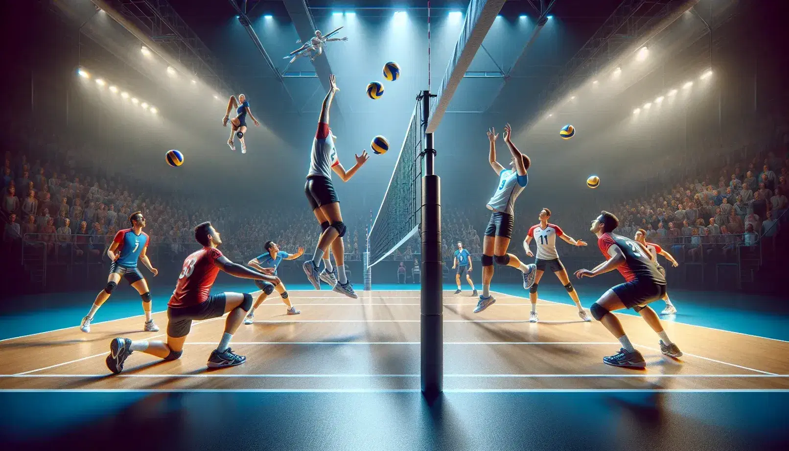 Partita di pallavolo in corso con giocatore in maglia blu che salta per attacco e squadra avversaria in rosso pronta alla ricezione, rete e pallone in evidenza.