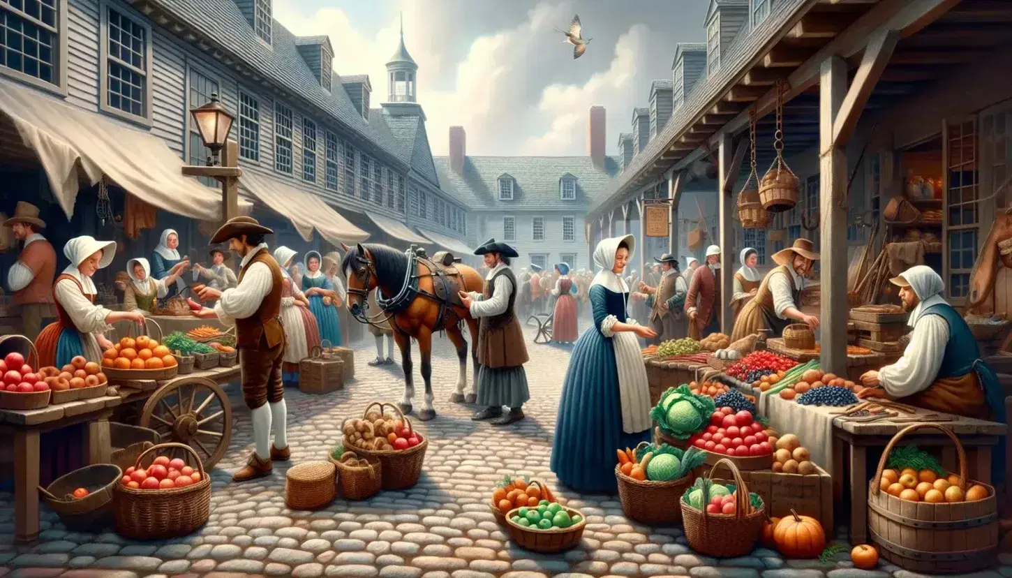 Bustling 17th-century colonial market scene with vendors selling fresh produce, a blacksmith at work, horses, and people in period attire.