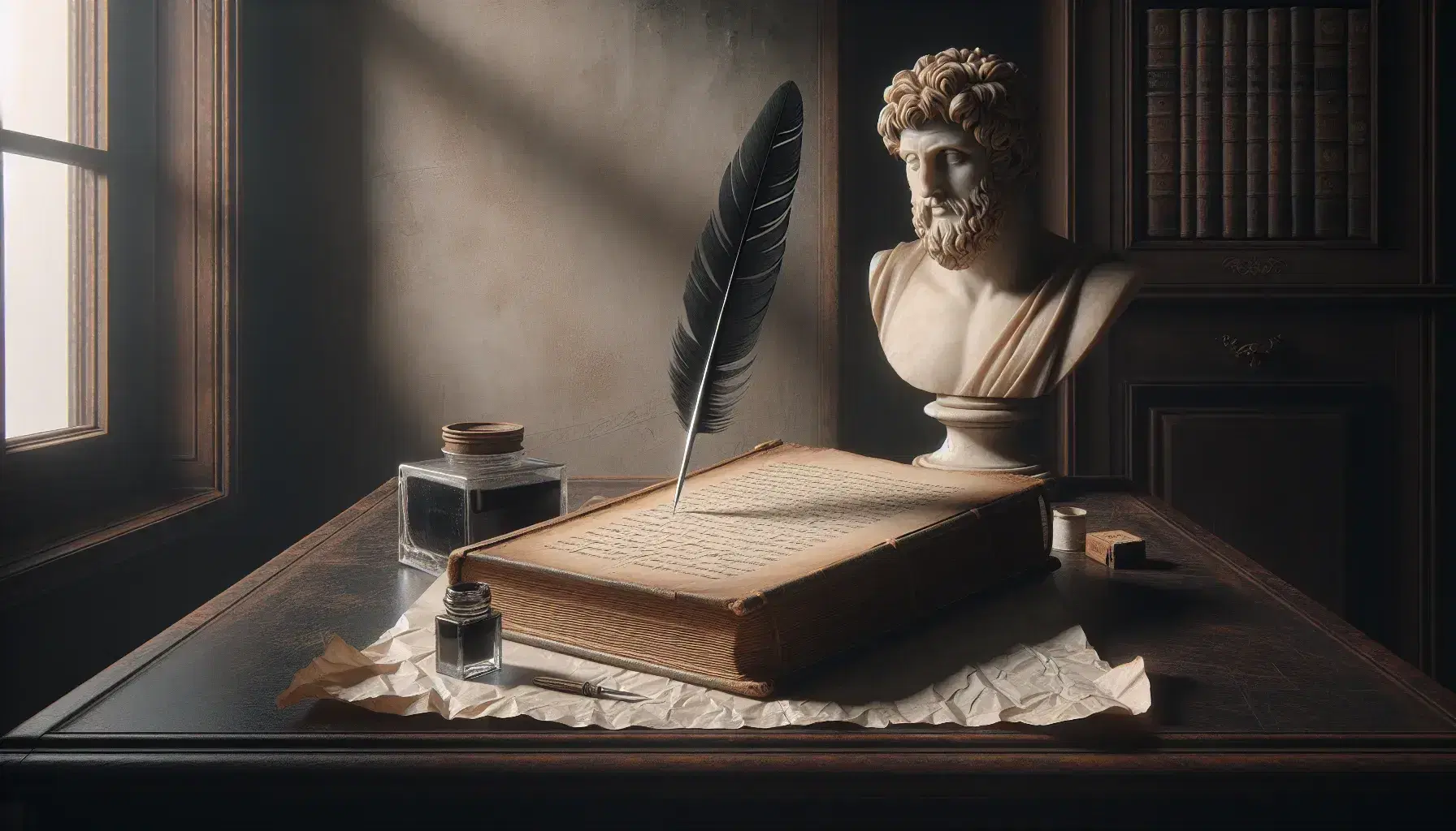 Scrivania in legno scuro con libro antico, calamaio e piuma, foglio inchiostro, busto marmoreo e pianta verde, in ambiente illuminato.