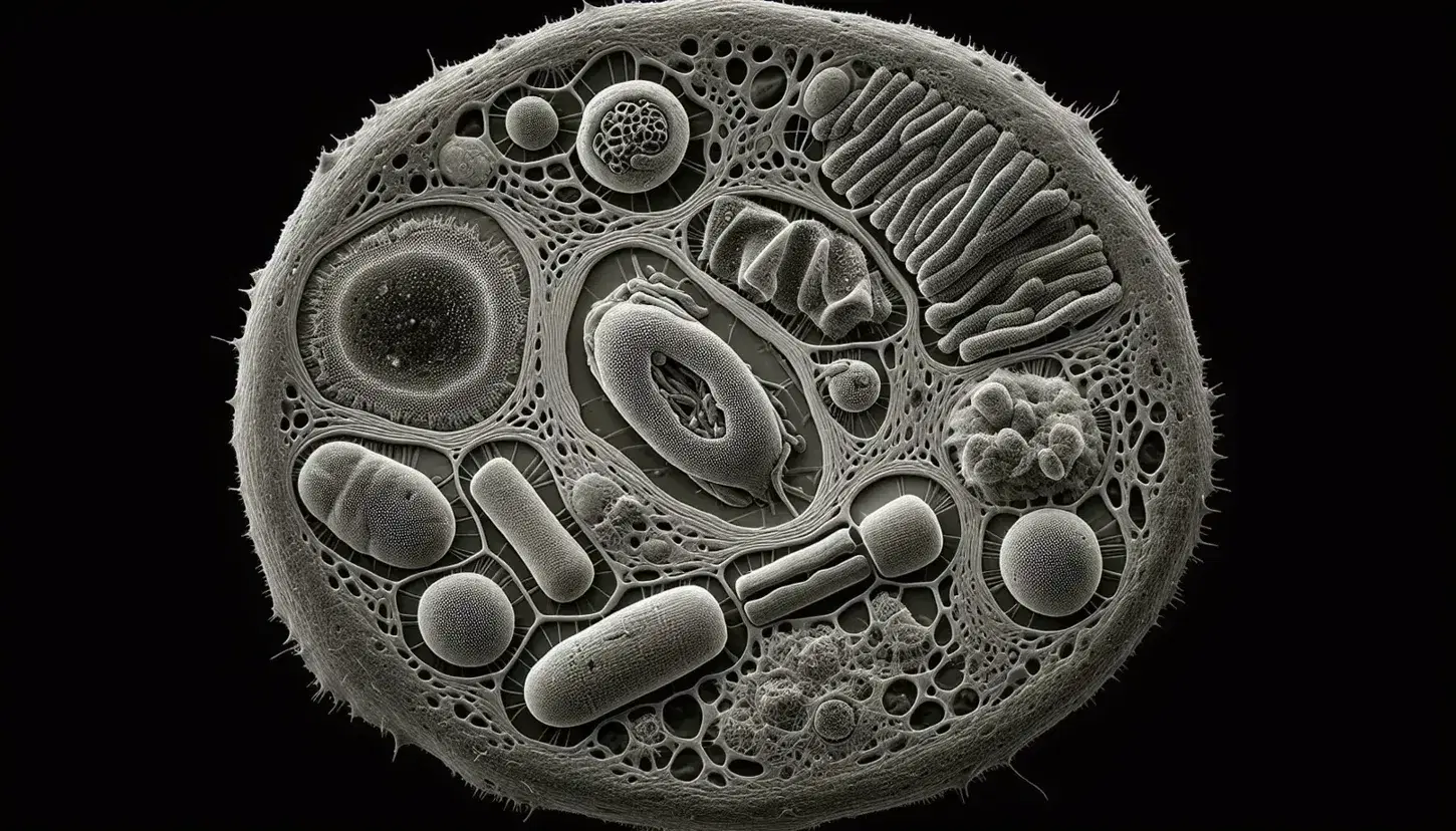Vista microscopica elettronica di una cellula vegetale con nucleo, cloroplasti, mitocondri e citoscheletro evidenziati in diverse tonalità di grigio.