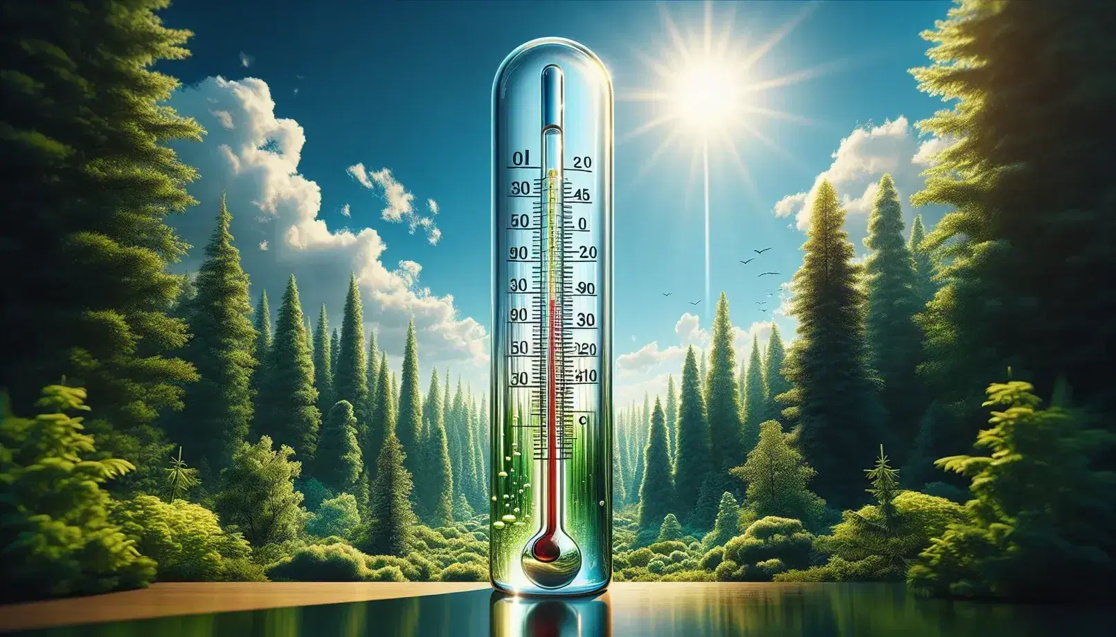 Termometro a mercurio classico con colonna a livello moderato su sfondo di foresta rigogliosa e cielo leggermente nuvoloso.