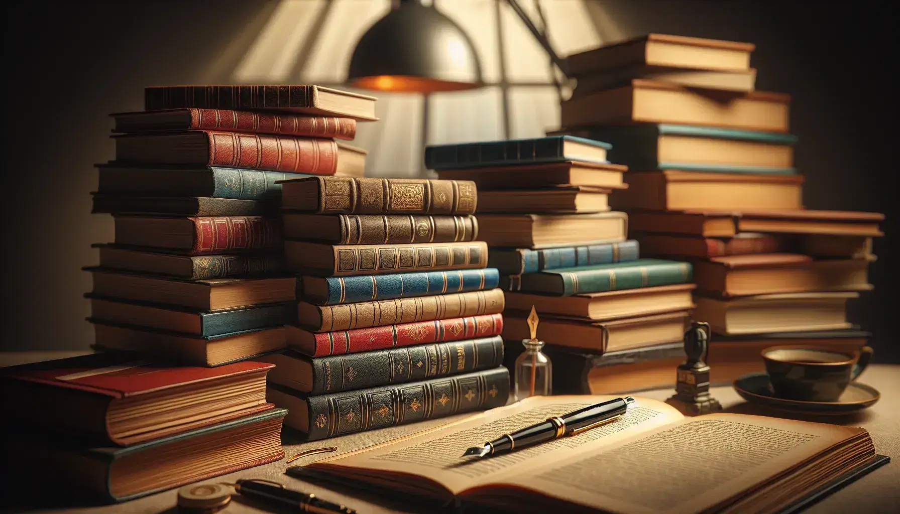 Libri impilati in colori assortiti con quaderno antico aperto e penna stilografica accanto, sotto una luce calda da lampada da tavolo.
