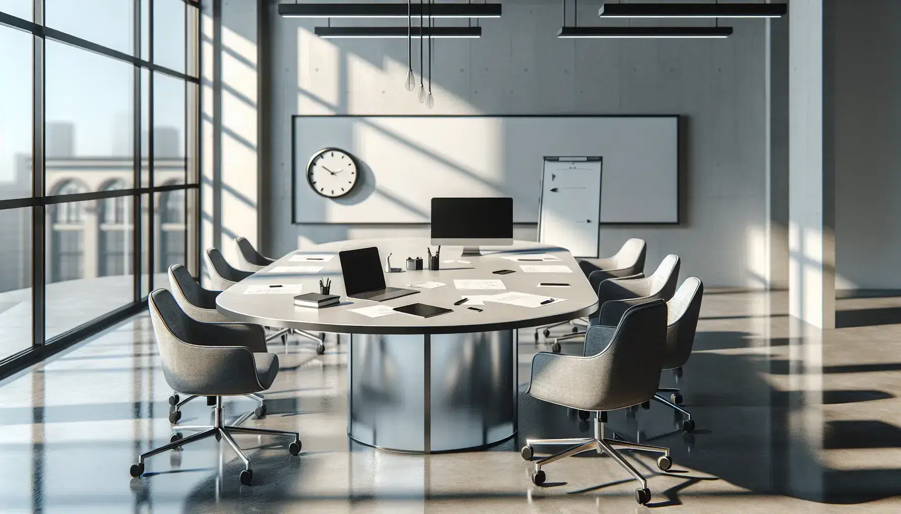 Ufficio moderno e luminoso con tavolo ovale, sedie ergonomiche, laptop, cellulare e orologio su parete accanto a lavagna bianca vuota.