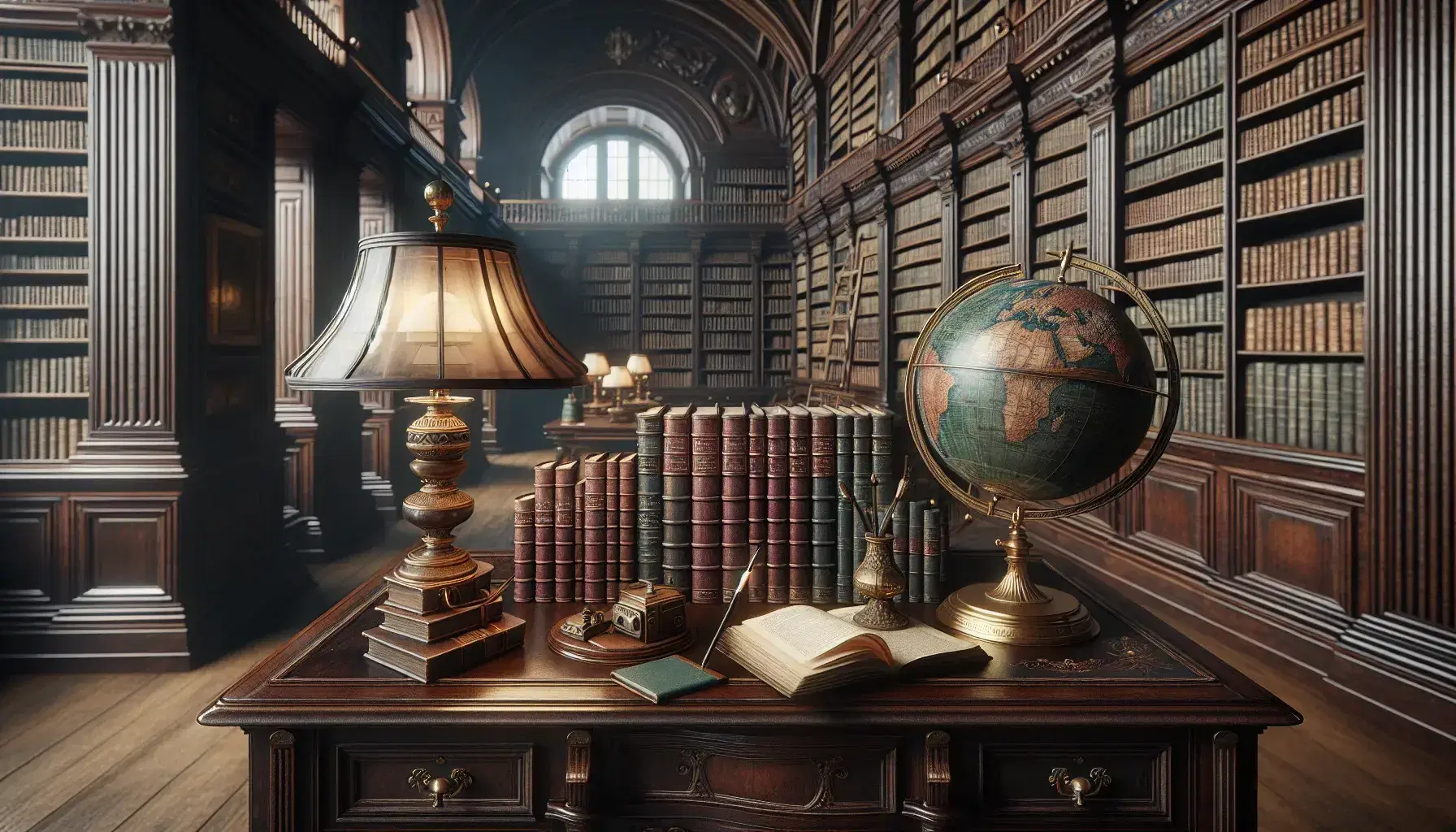 Biblioteca antica con scrivania in legno scuro, libri impilati, lampada in ottone, mappamondo e scaffali pieni di volumi.
