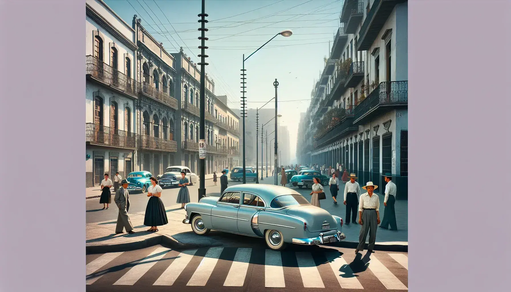 Escena urbana de los años 50 en México con un coche clásico azul claro aparcado, personas con moda de época y edificios de arquitectura de mediados de siglo.