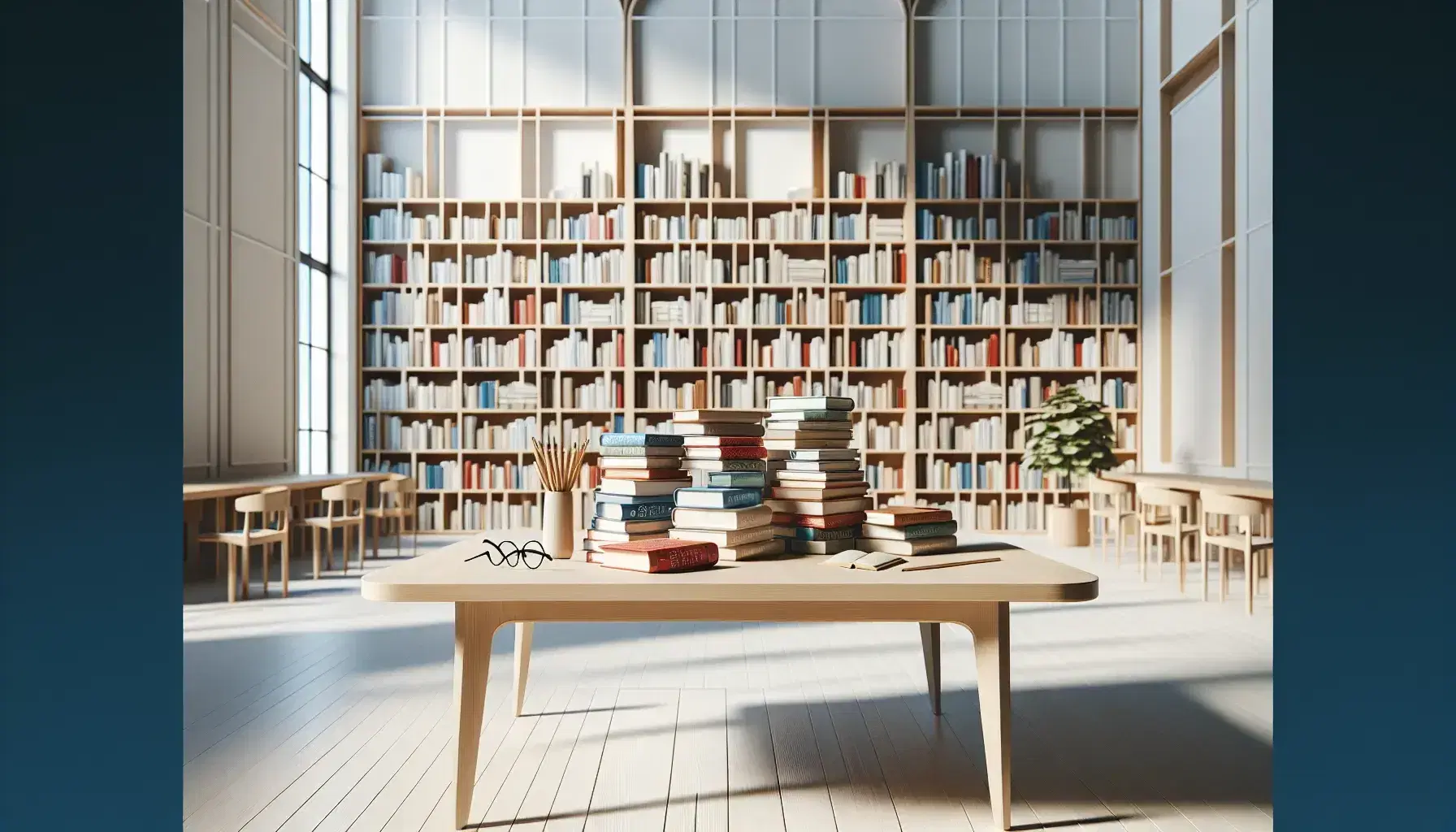 Biblioteca moderna y luminosa con mesa de madera, libros coloridos desordenados, gafas y lápiz, estantes llenos y planta verde, sin personas.
