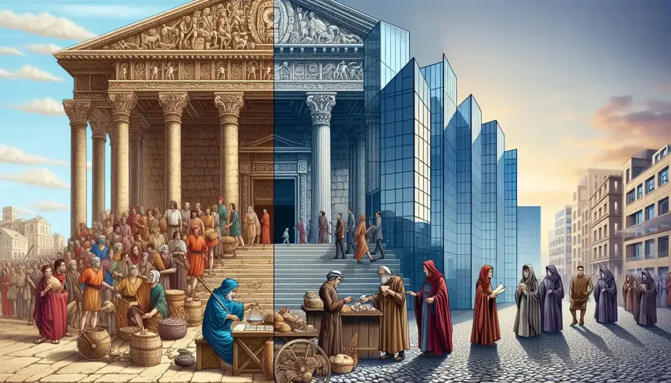 Evolution of banking depicted through a seamless transition from an ancient marketplace, to a medieval merchant exchange, ending with a modern skyscraper.