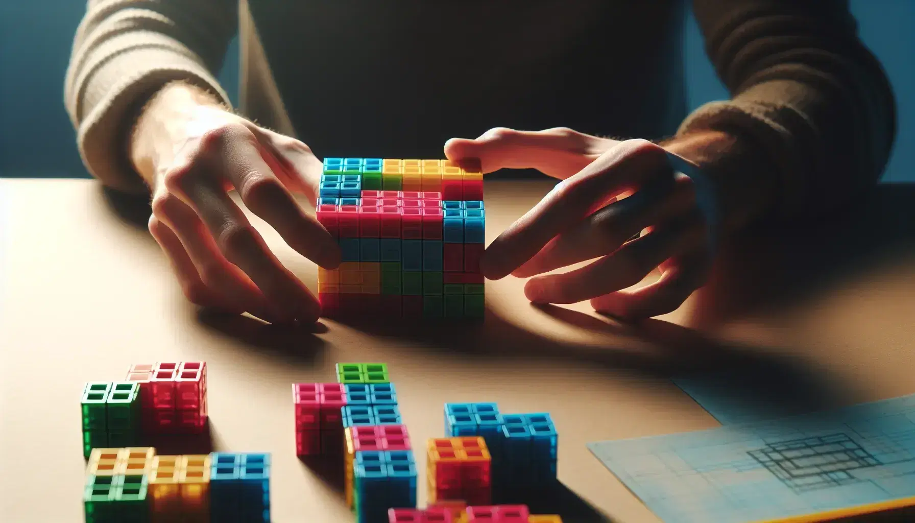 Hands assembling colorful plastic blocks, red, blue, green, yellow and purple, on blurred background in bright environment.