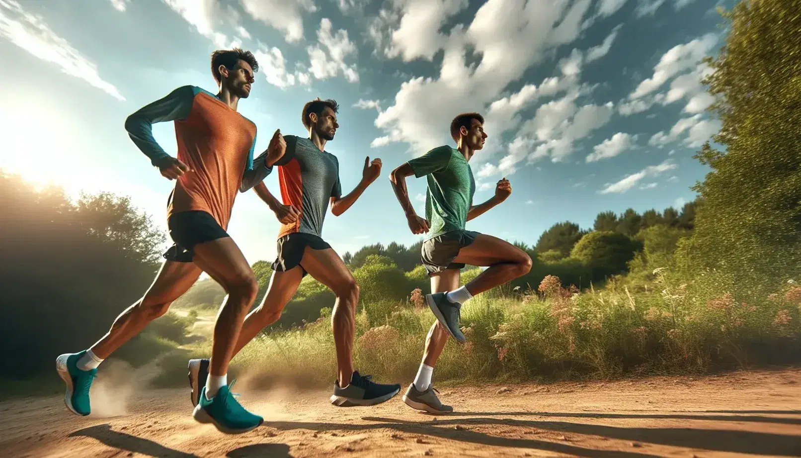 Tres corredores compiten en una carrera al aire libre, vestidos con ropa deportiva colorida, rodeados de vegetación verde bajo un cielo azul.