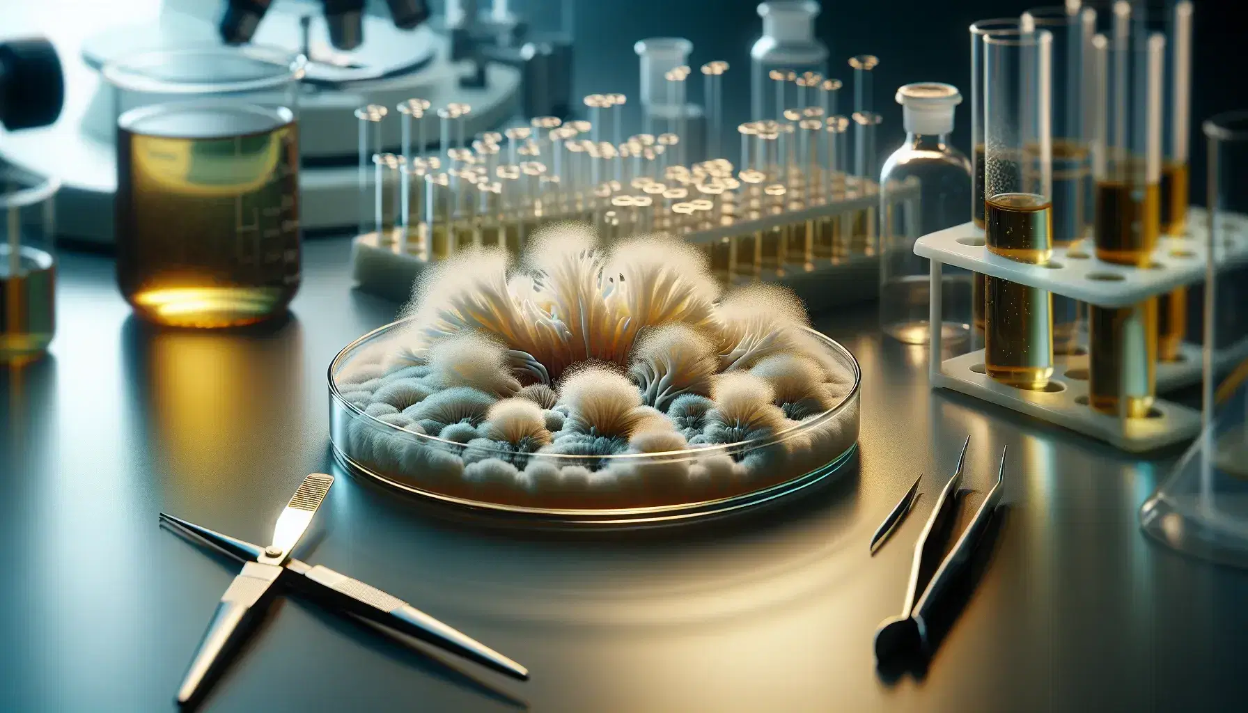 Close-up view of a Petri dish with Ascomycota fungus culture, surrounded by tweezers, inoculating loop, and glass vial on a lab bench.