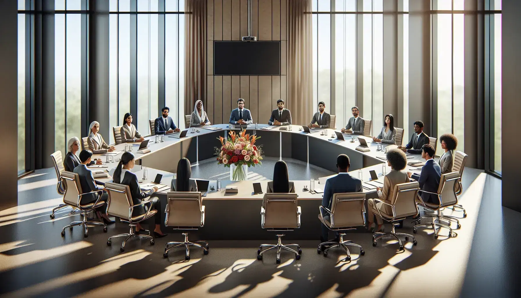 Diverse professionals in a conference room with a round table, ergonomic chairs, laptops, and a central bouquet of assorted flowers.
