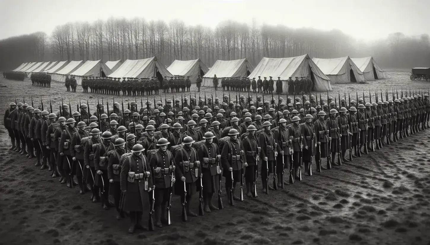 Soldati in uniforme militare d'epoca con fucili e baionette in formazione davanti a tende da campo su terreno erboso.